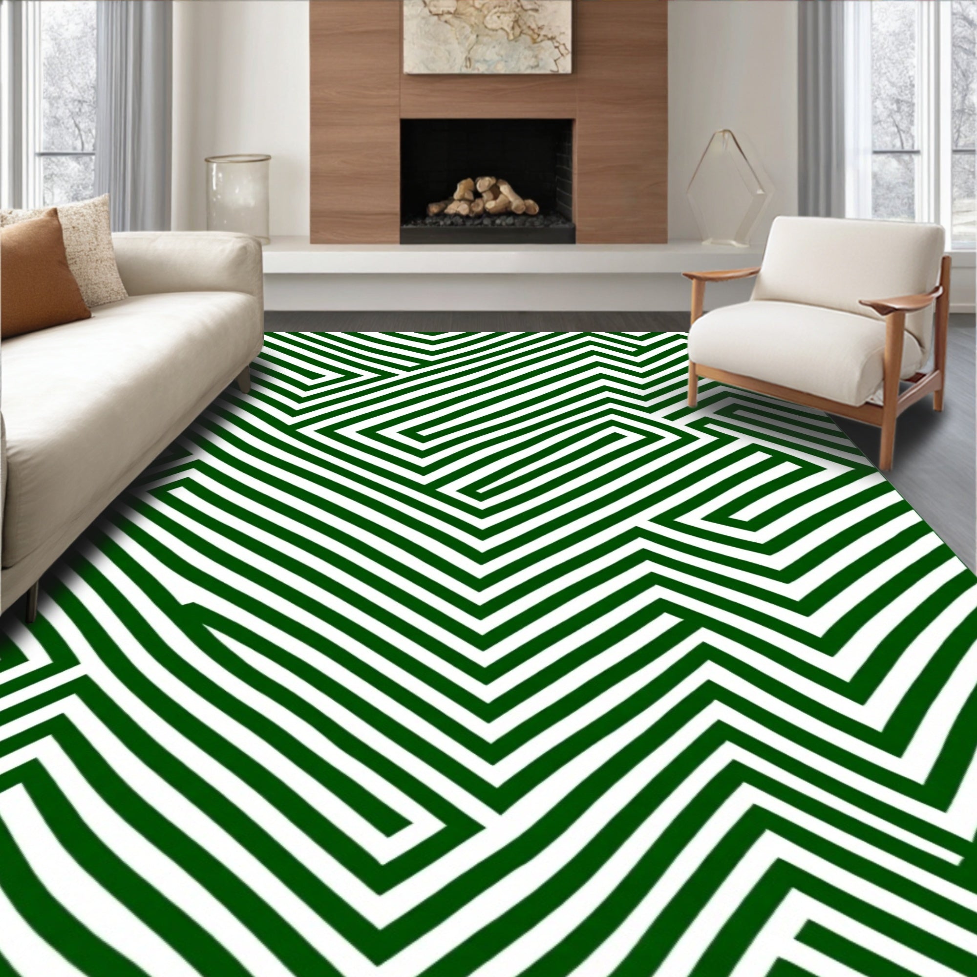 Green And White Maze Pattern Rug