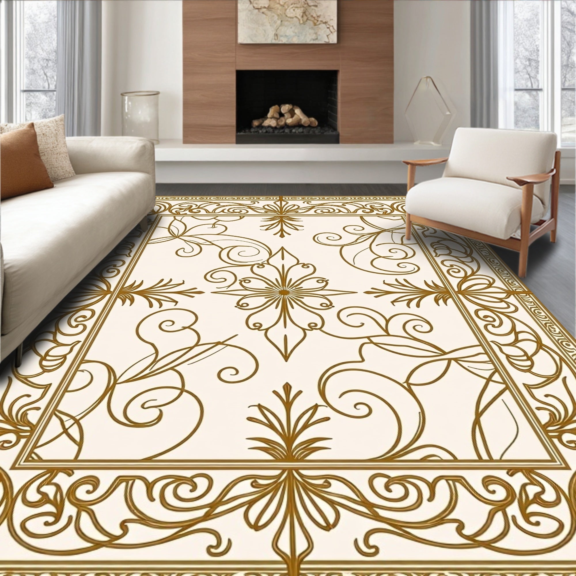 Ornate Floral Scroll Pattern Rug