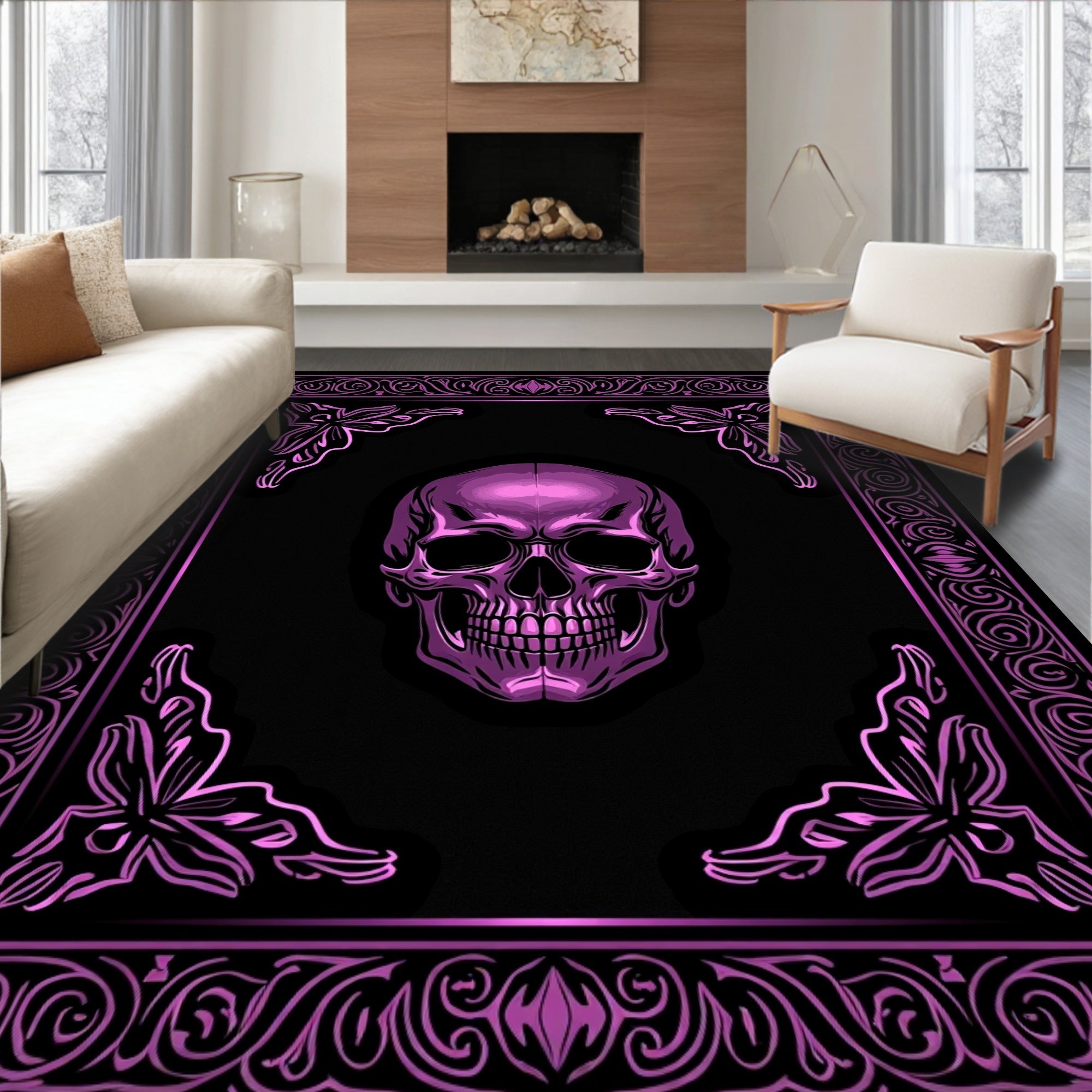 Gothic Skull With Ornate Pink Border Rug
