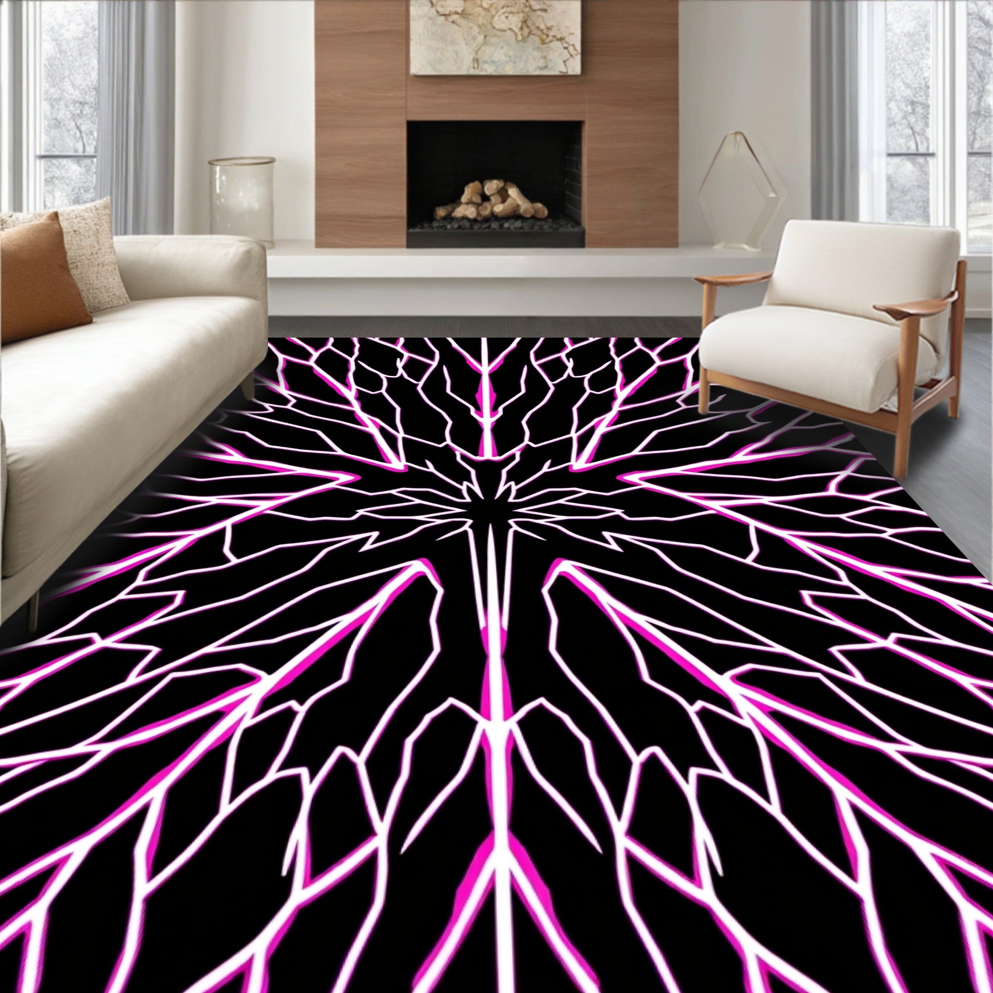 Black White Branching Geometric Design Rug