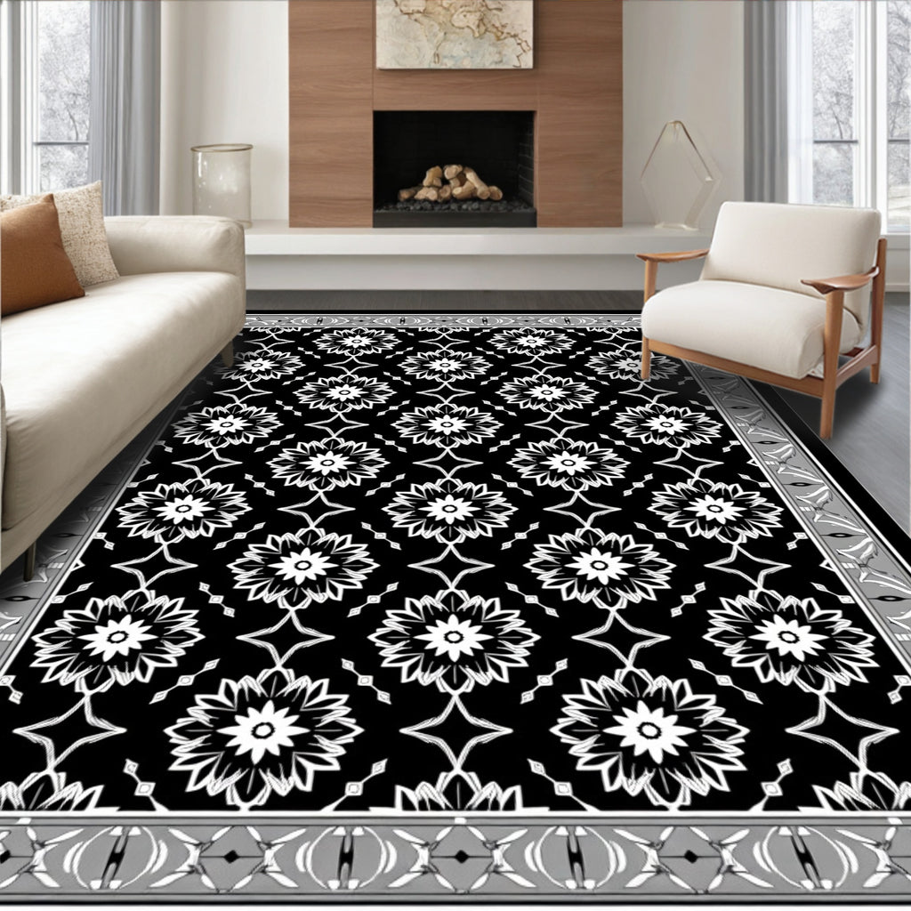 Striking Black White Floral Medallion Border Rug