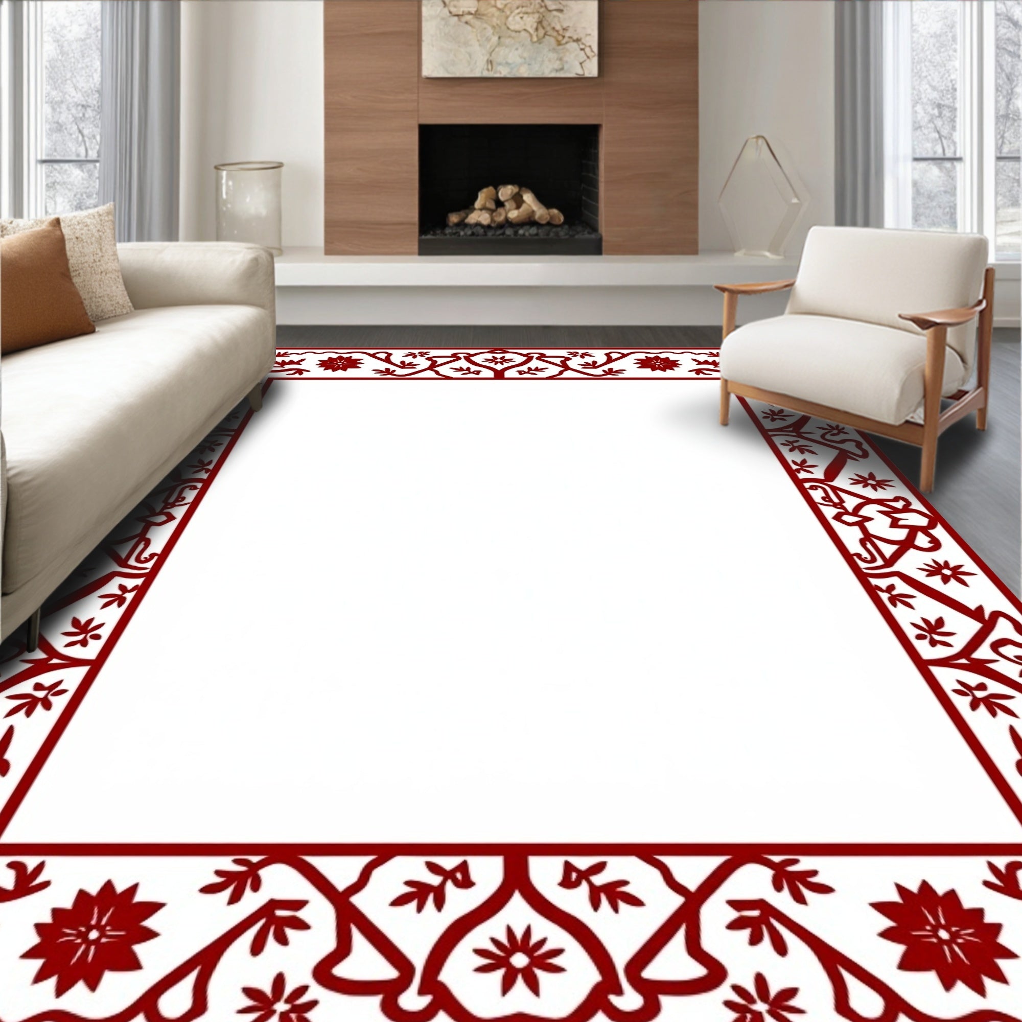Elegant Red Floral Vine Border Design Rug