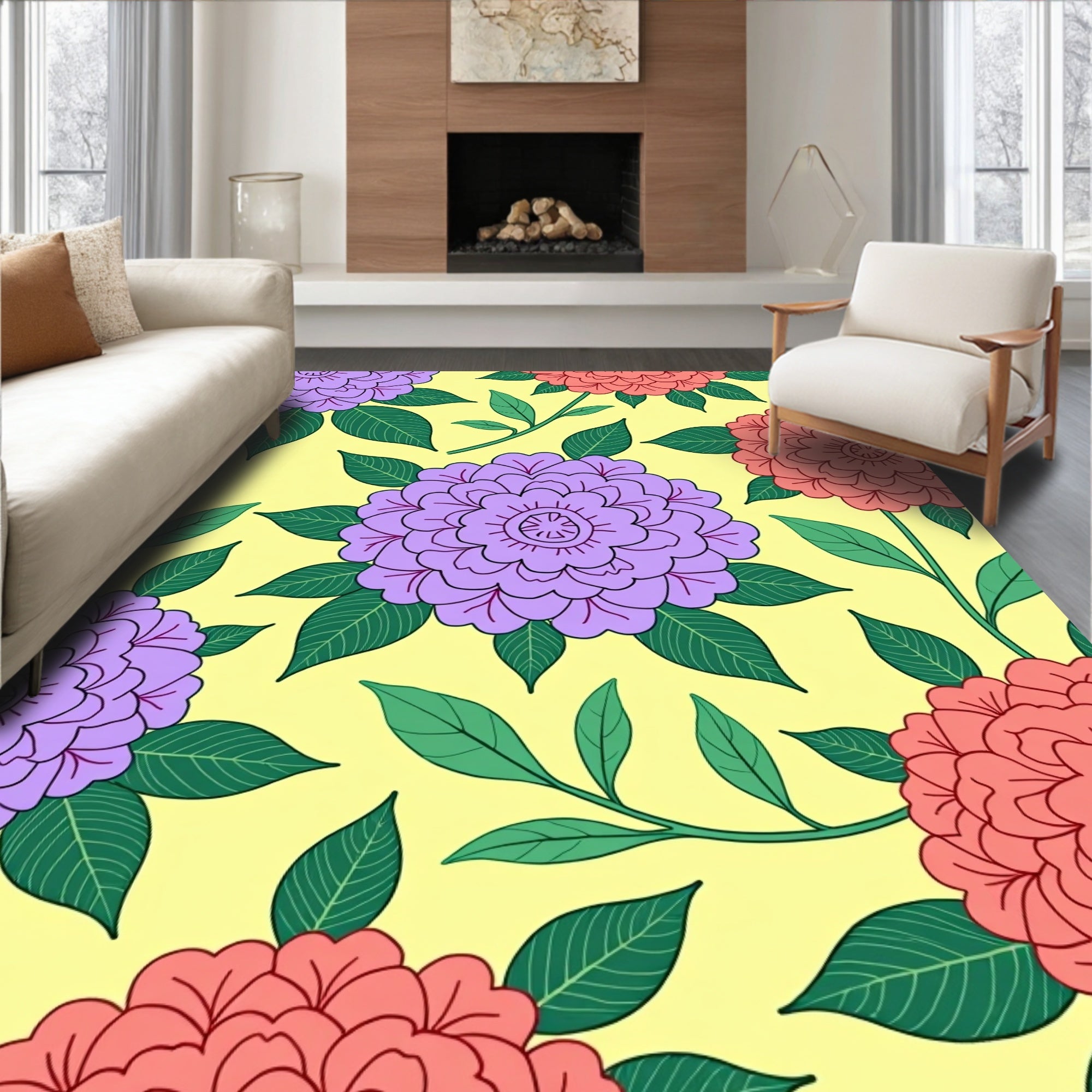 Purple and Coral Floral Botanical Pattern Rug