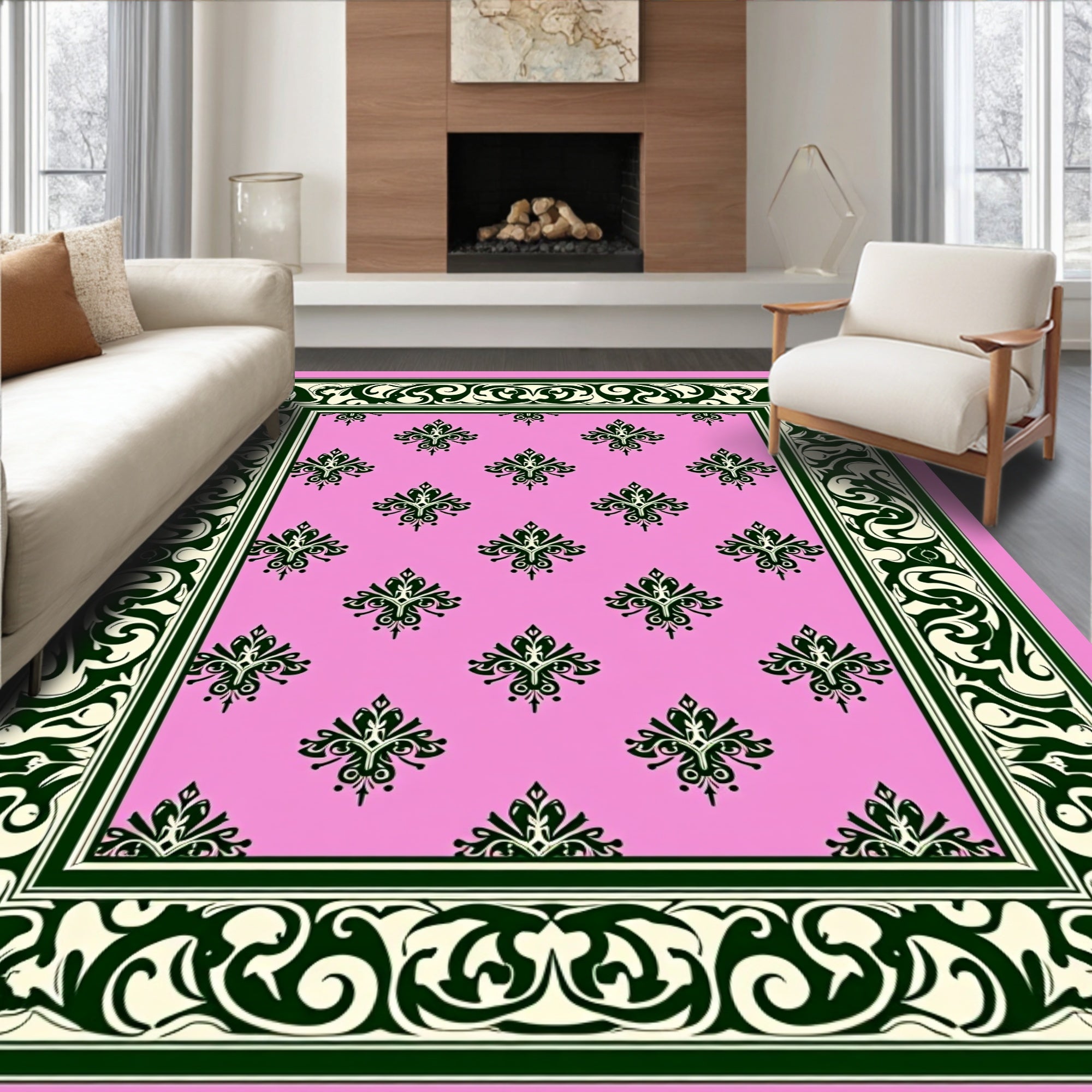Pink Floral Bordered Classic Design Rug