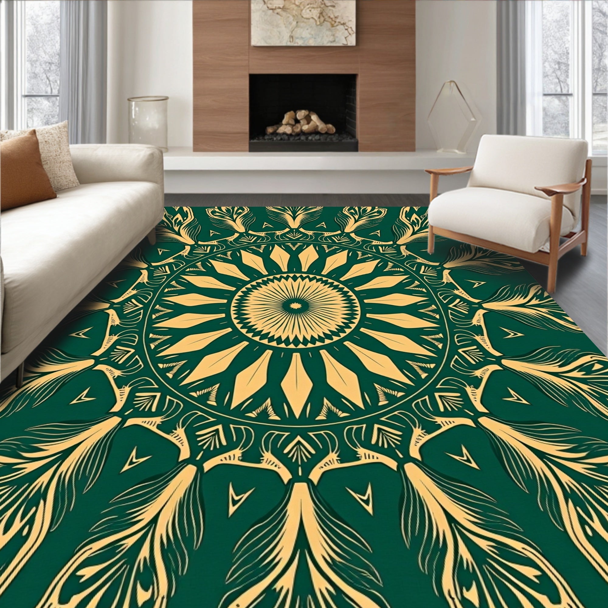 Intricate Green Gold Mandala Design Rug
