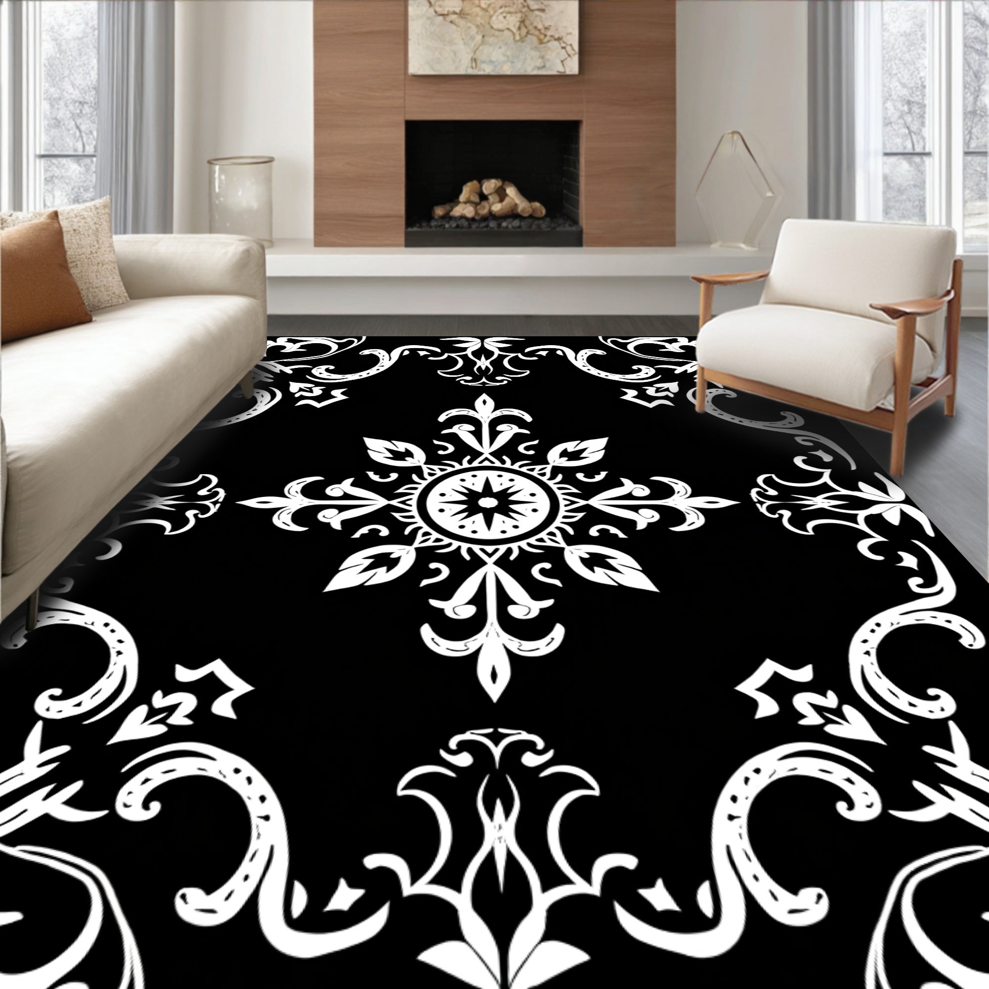 Classic White Floral Mandala Pattern Rug