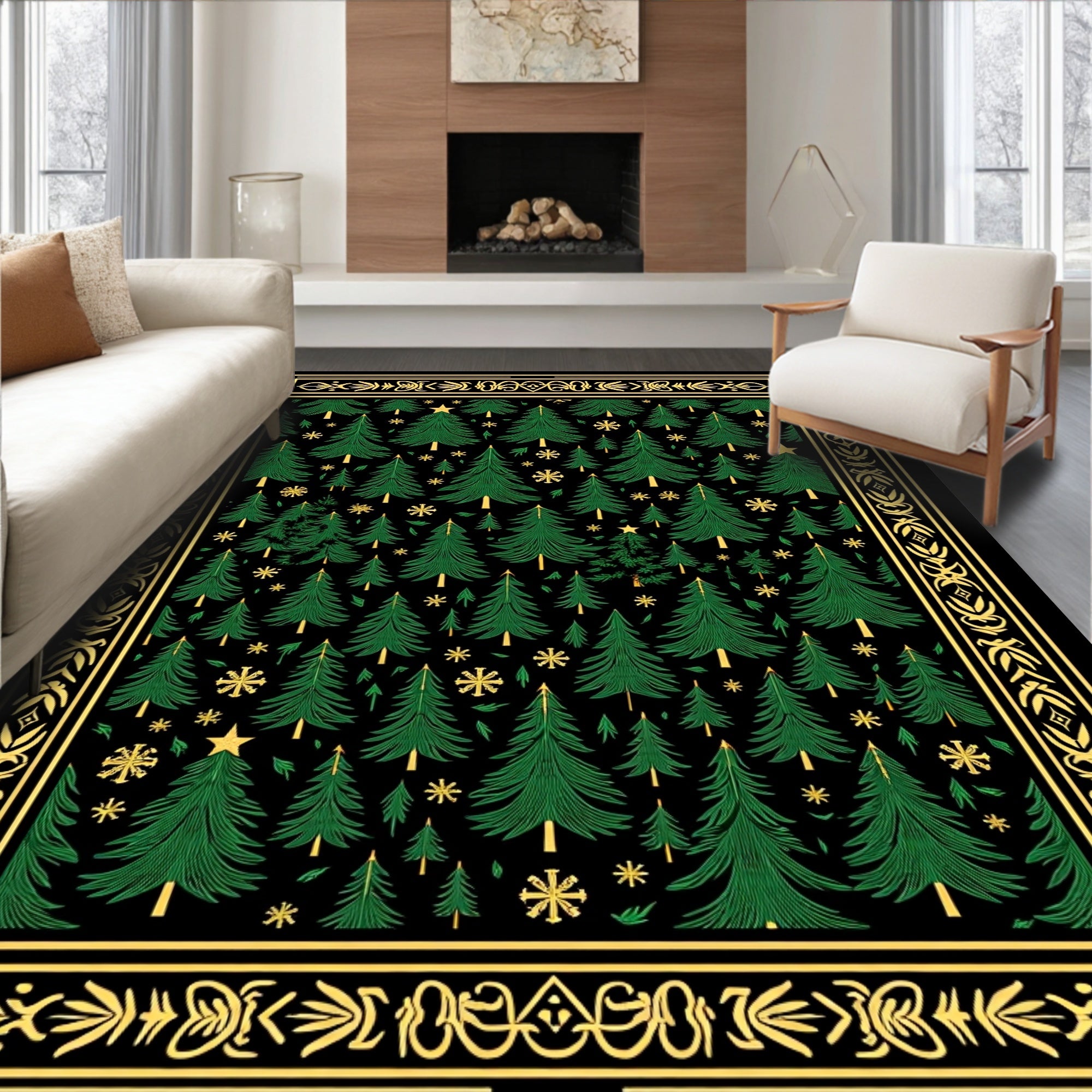 Elegant Green Pine Forest Stars Border Rug