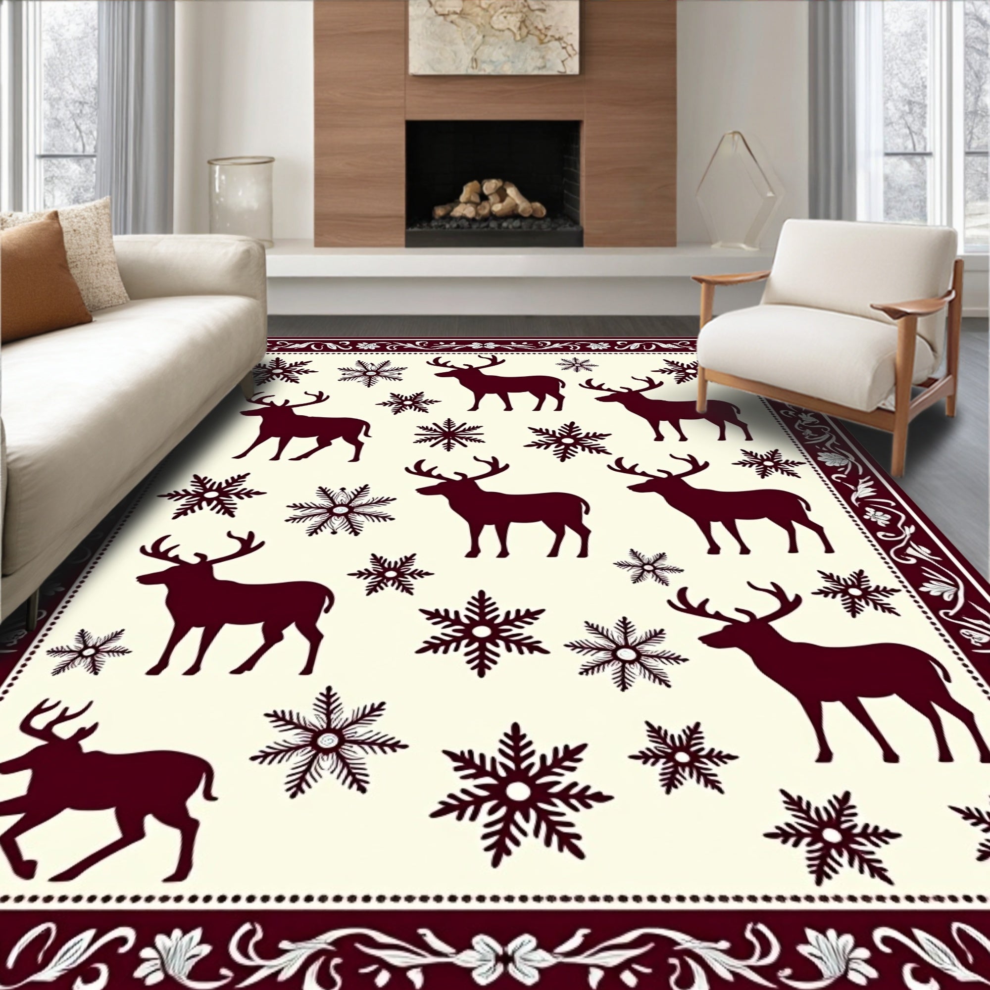 Reindeer Snowflake Winter Accent Pattern Rug