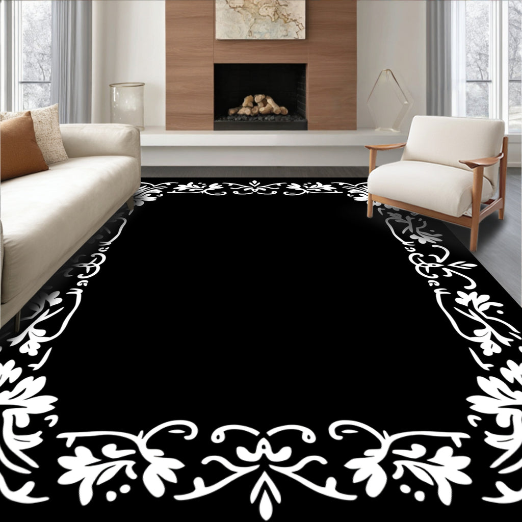 White Ornate Floral Border Design Rug