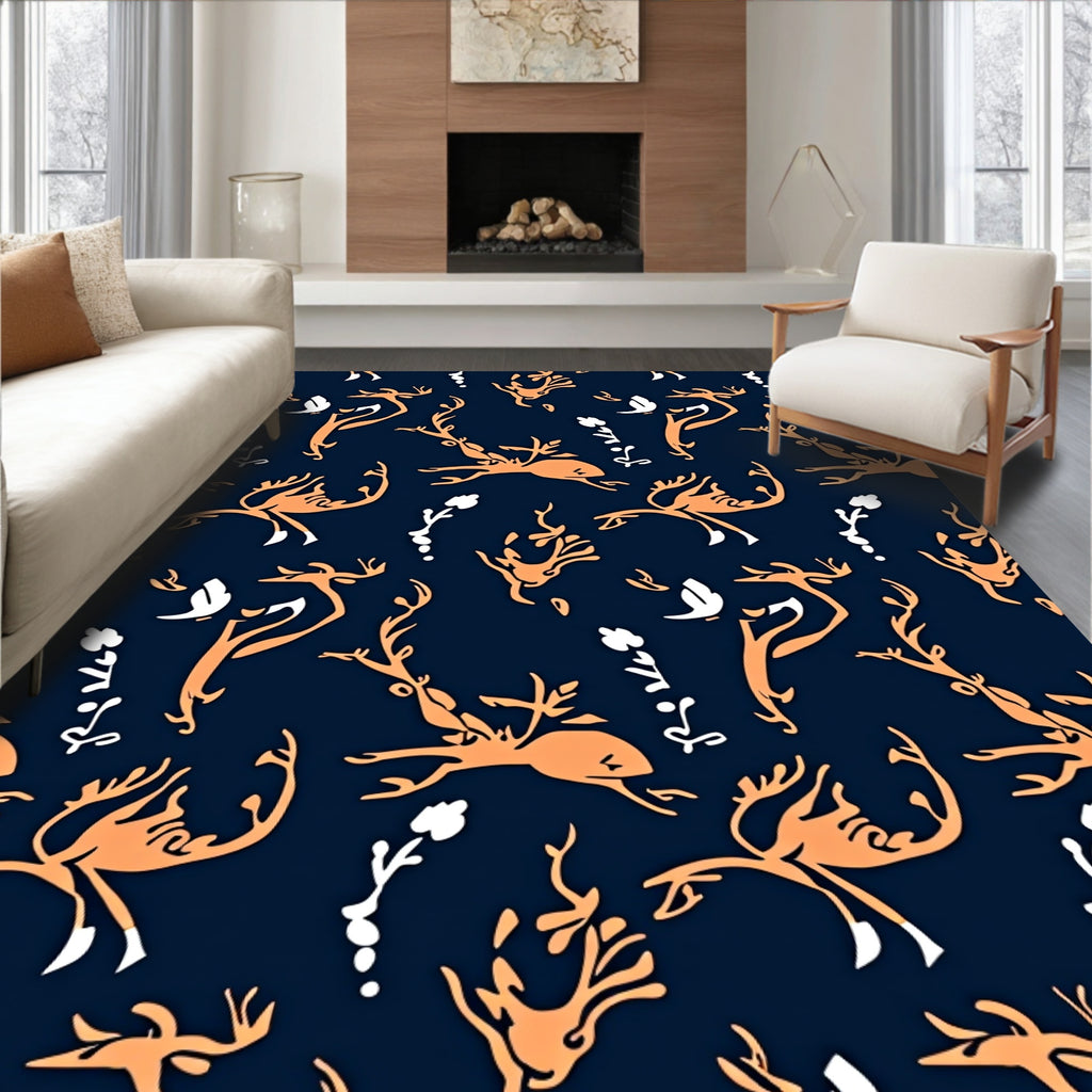 Whimsical Orange Deer Floral Swirl Rug