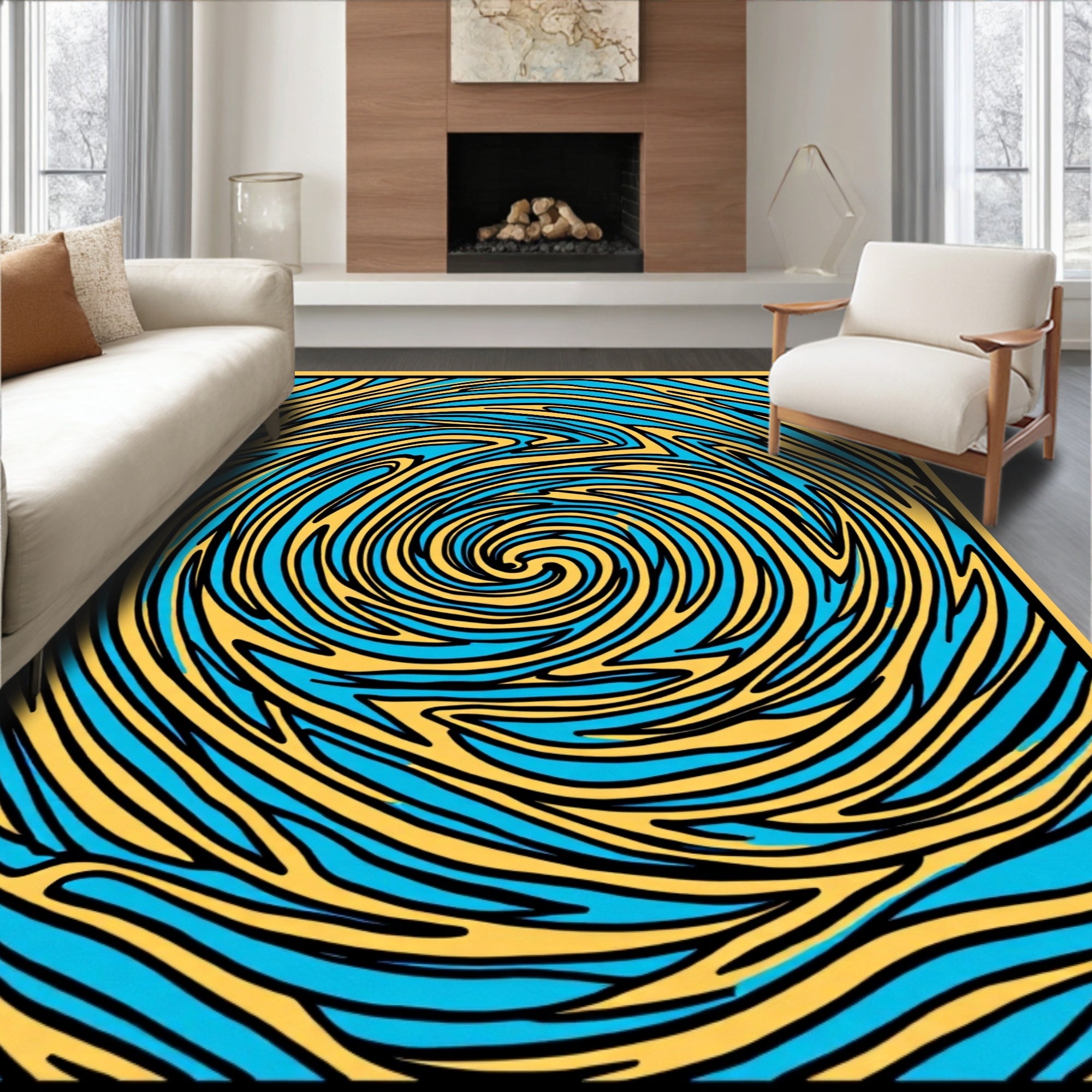 Abstract Swirl Yellow Blue Pattern Rug