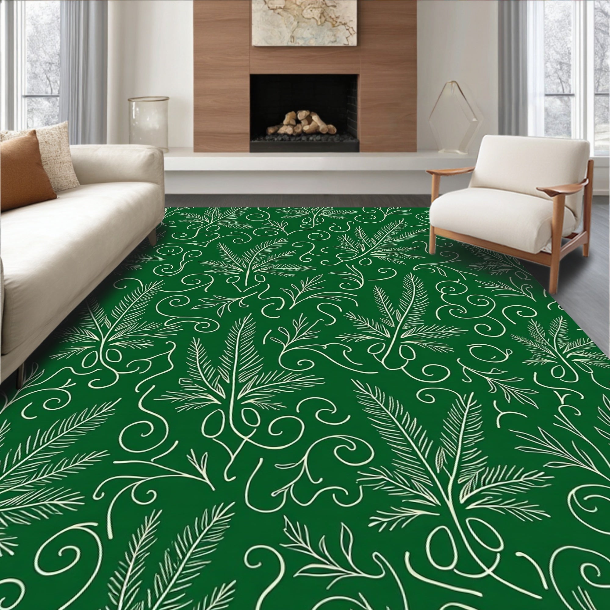 Green Leaf Swirls Pattern Rug