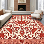 Ornate Floral Scrollwork Cream Red Rug