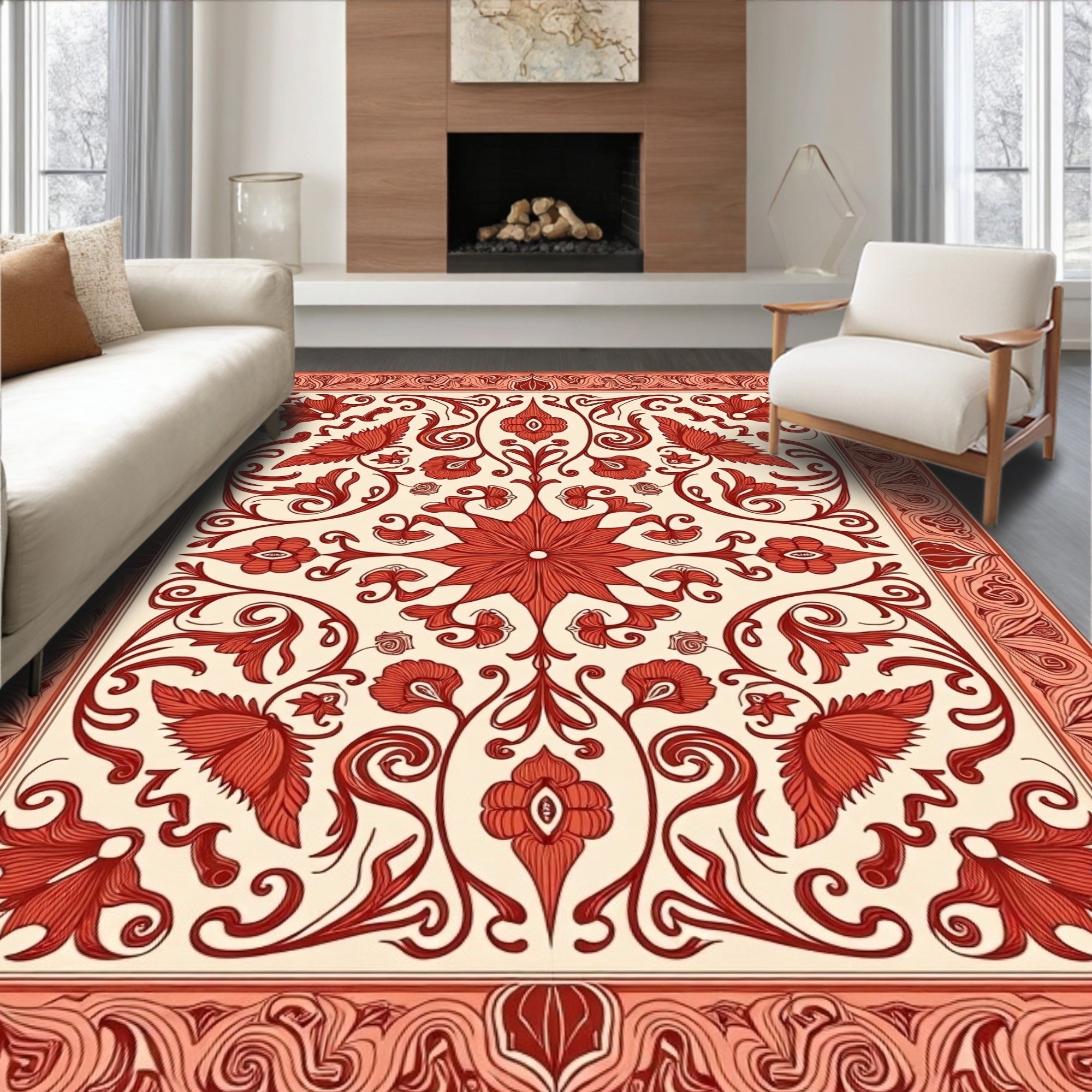 Ornate Floral Scrollwork Cream Red Rug