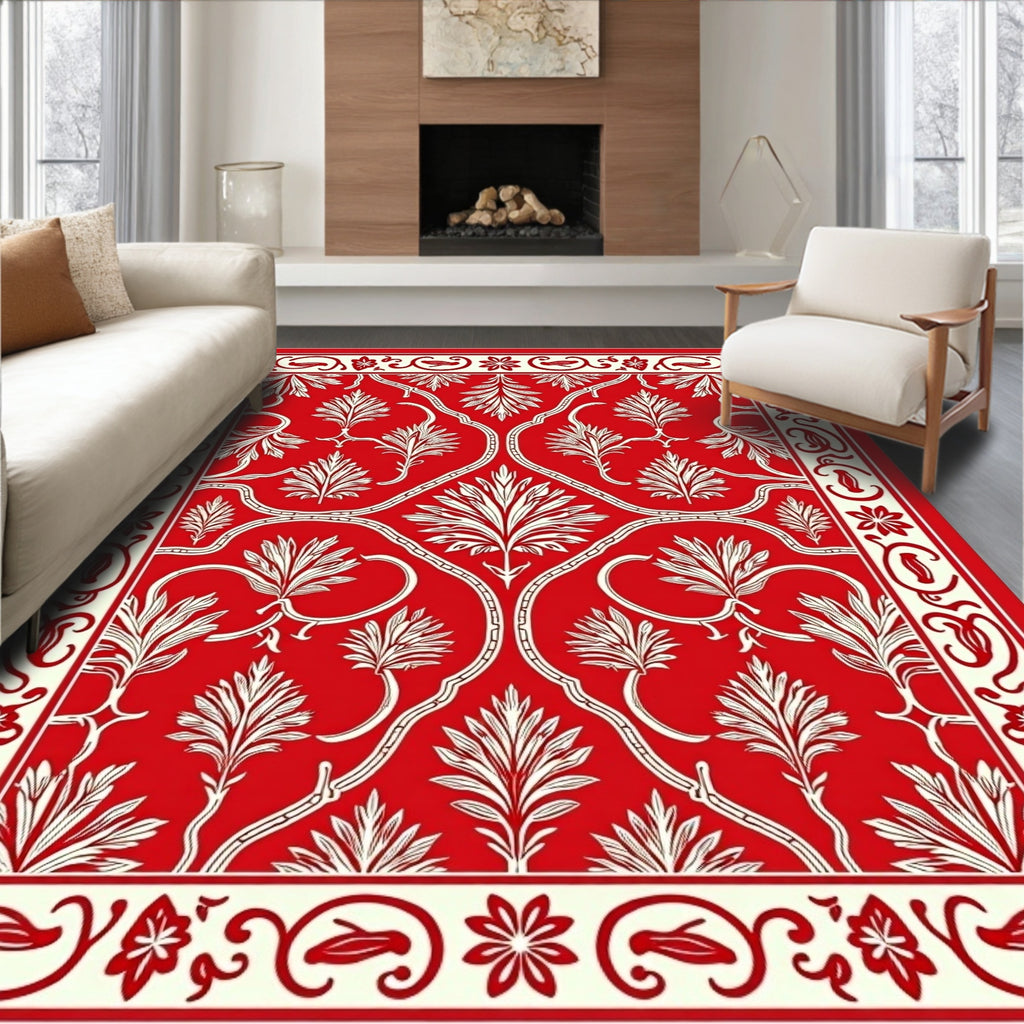 Classic Red White Floral Scroll Rug