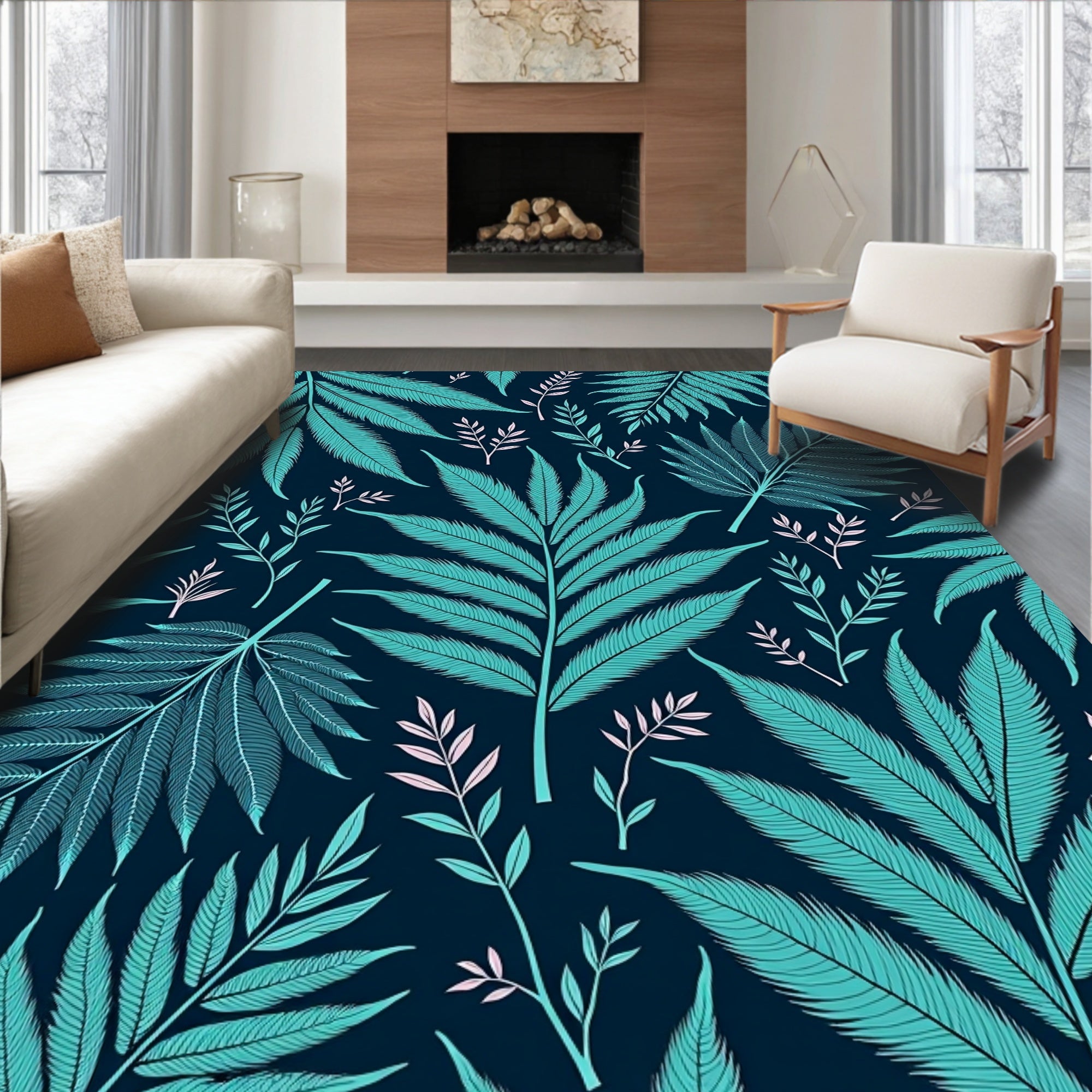 Teal Fern Leaf Botanical Pattern Rug