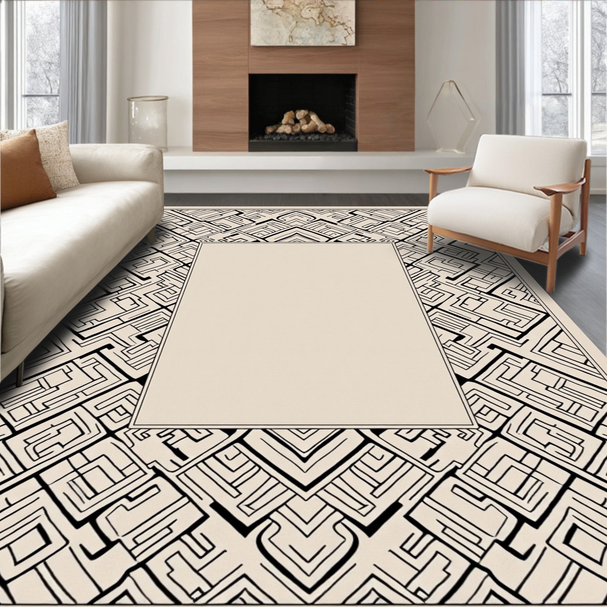 Abstract Black Geometric Maze Pattern Rug