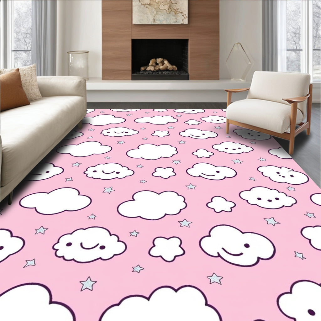 Cute Smiling Clouds Stars Pink Print Rug