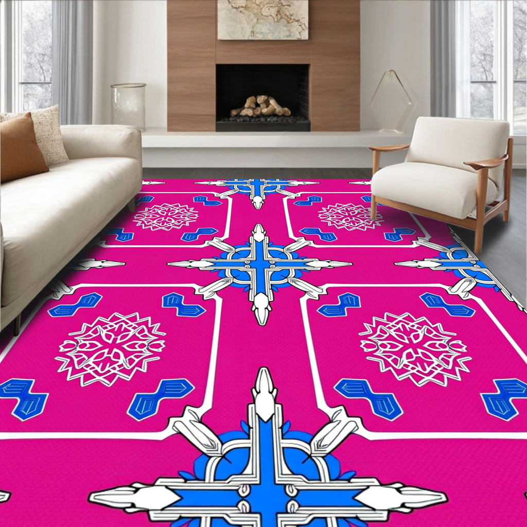 Hot Pink White Blue Geometric Star Rug