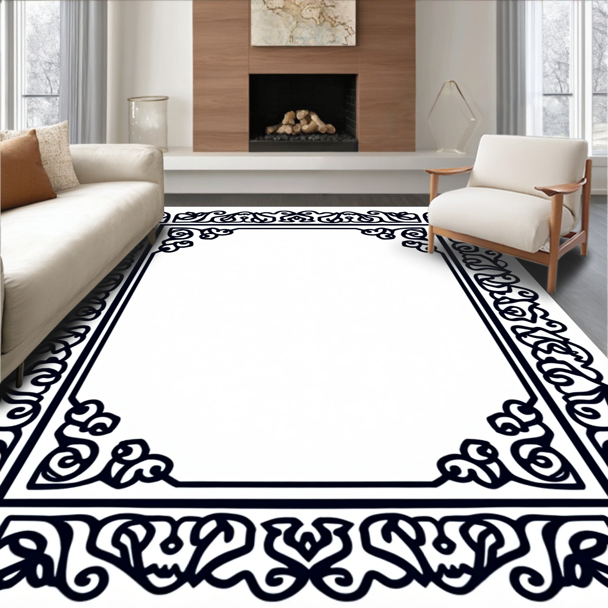 Intricate Floral Scrollwork Border Design Rug