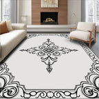 Ornate Black Floral Scrollwork Frame Rug
