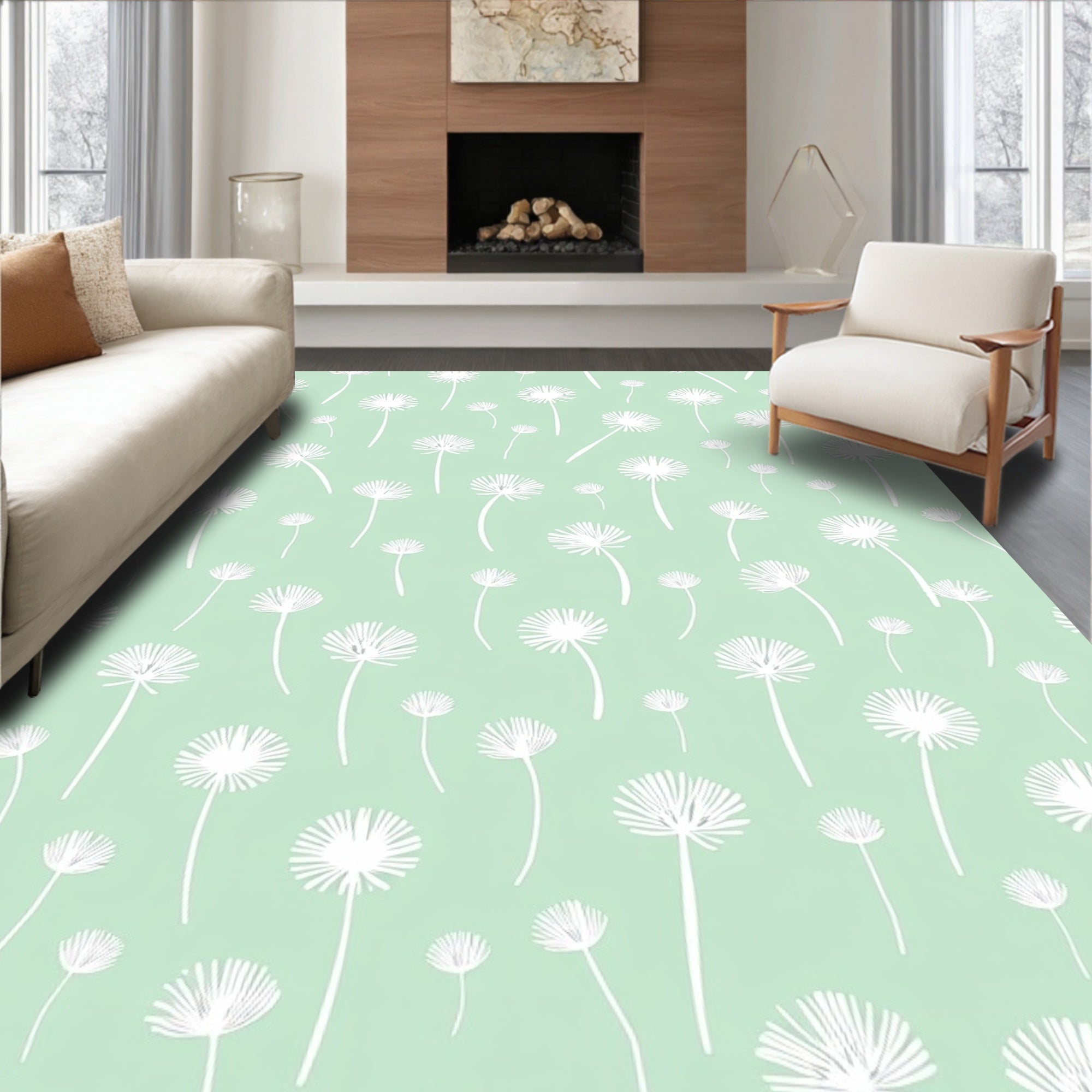 Soft Mint Dandelion Field Pattern Rug