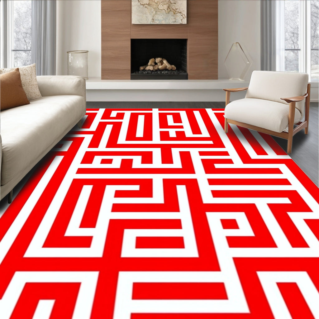 Intricate Red Geometric Maze Design Rug