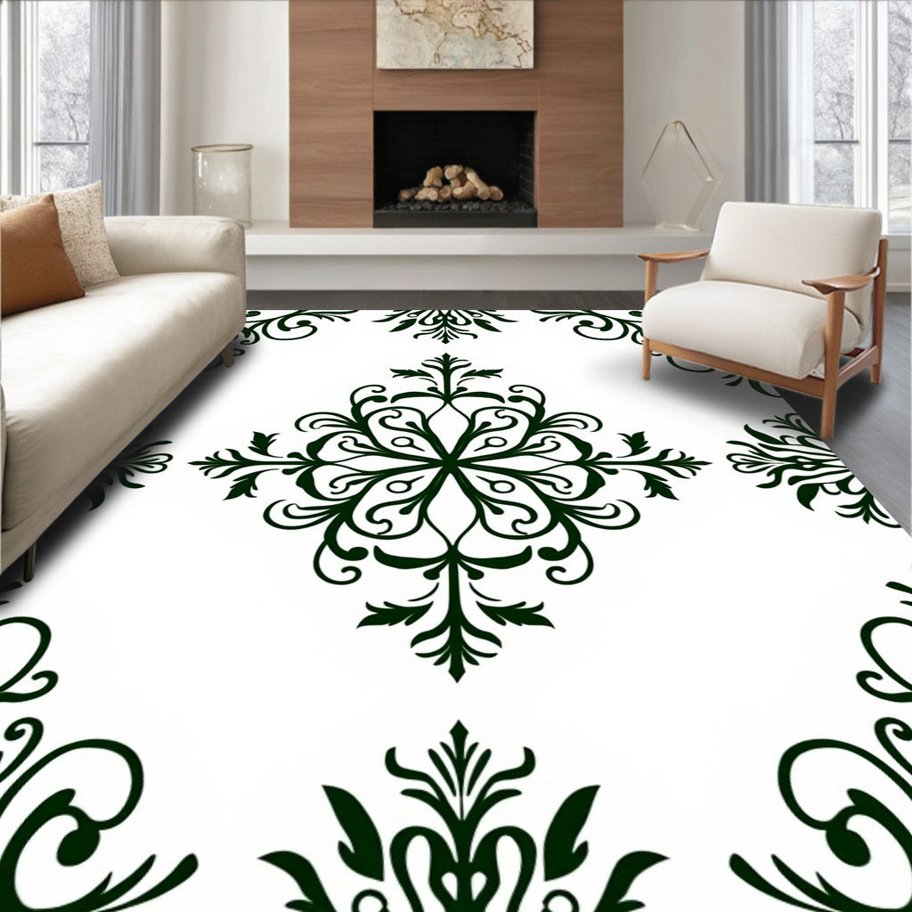 Ornate Dark Green Floral Damask Rug