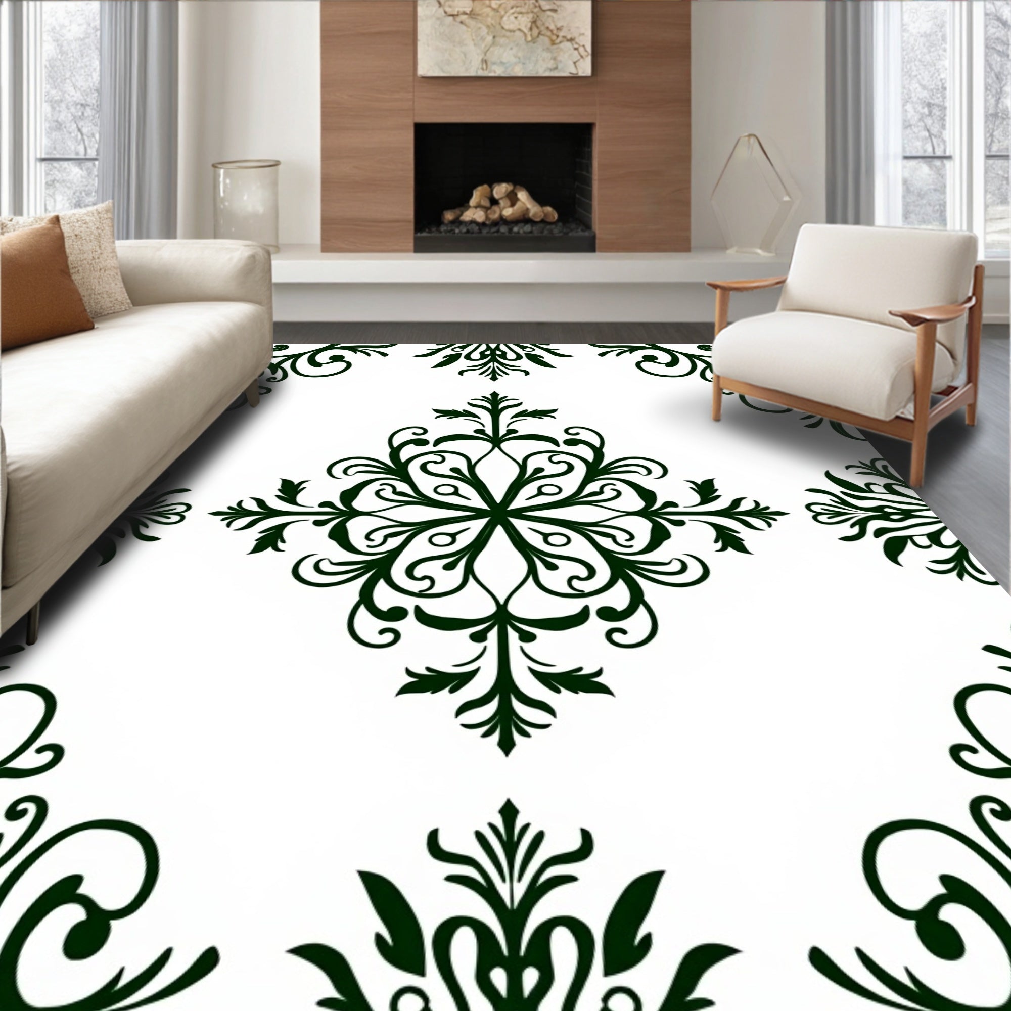 Ornate Dark Green Floral Damask Rug