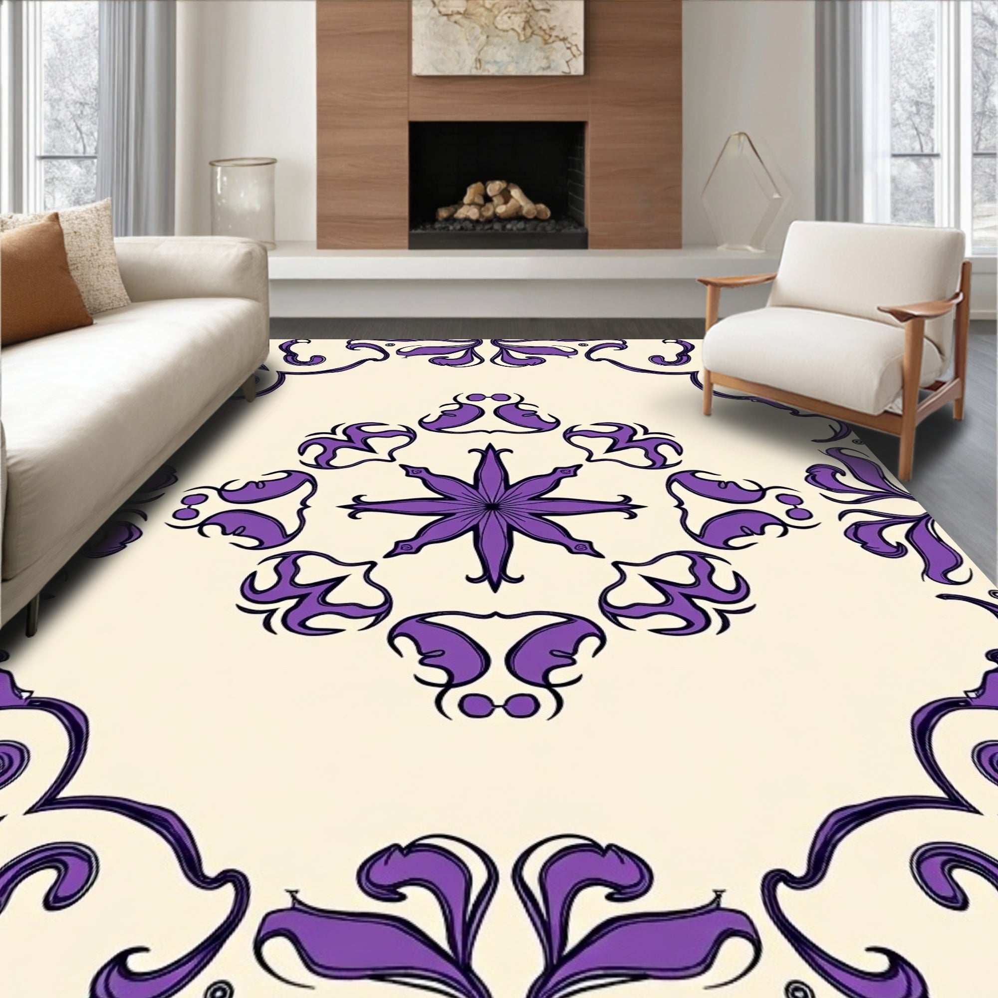 Regal Purple Floral Symmetry Design Rug
