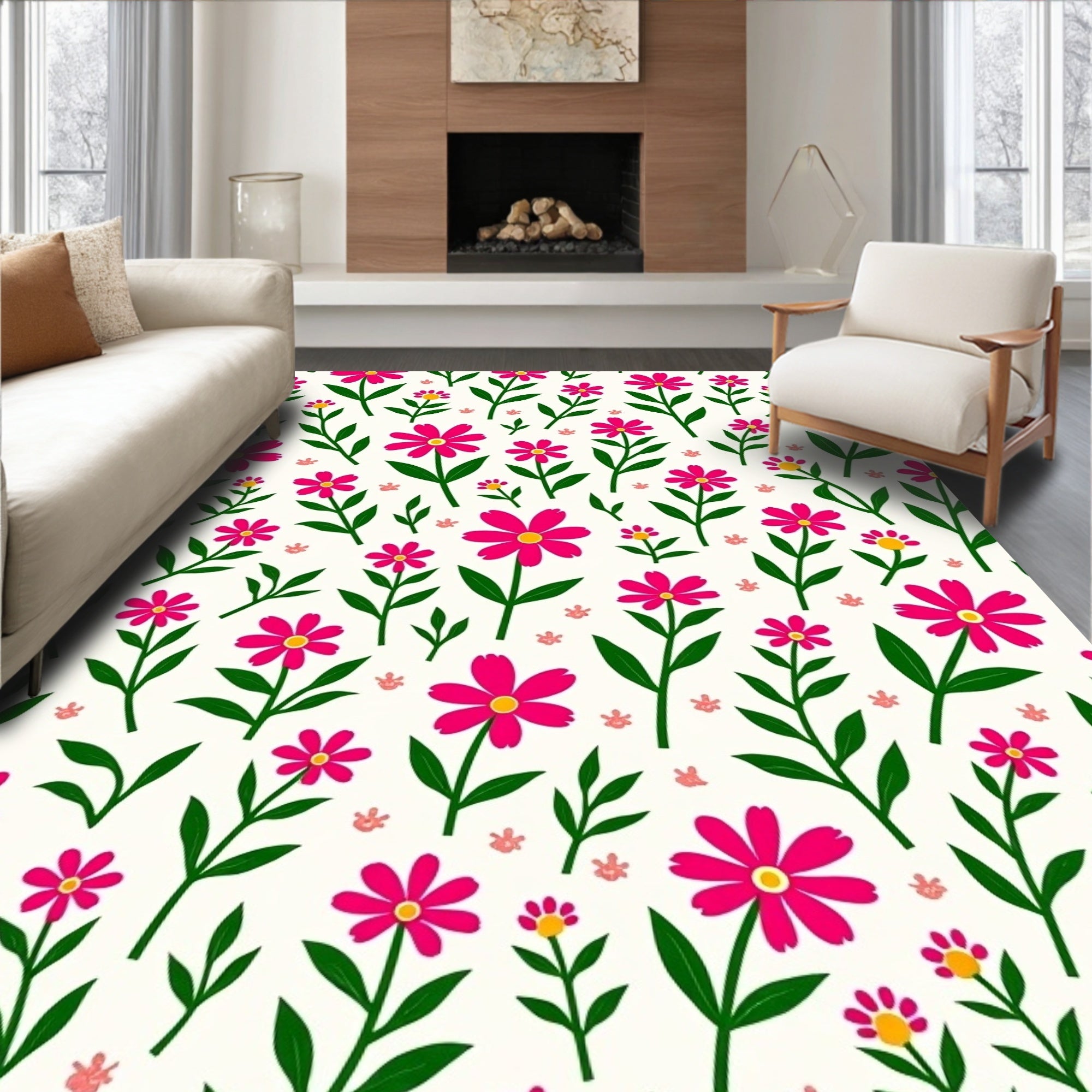 Bright Pink Daisy Garden Pattern Rug