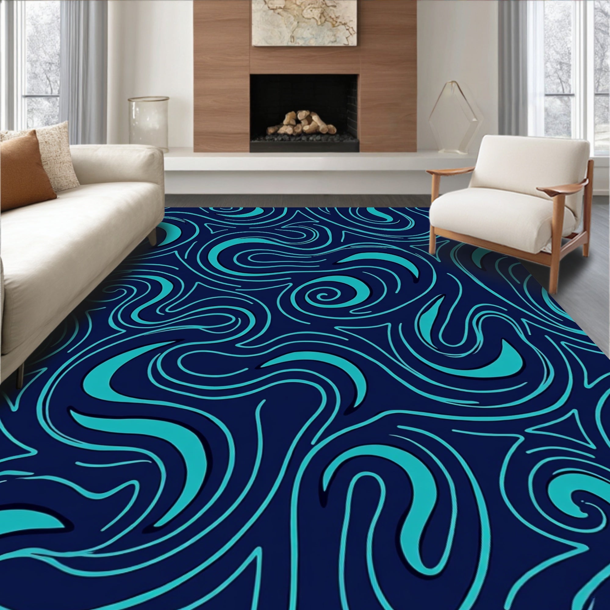 Teal Swirling Waves Navy Rug