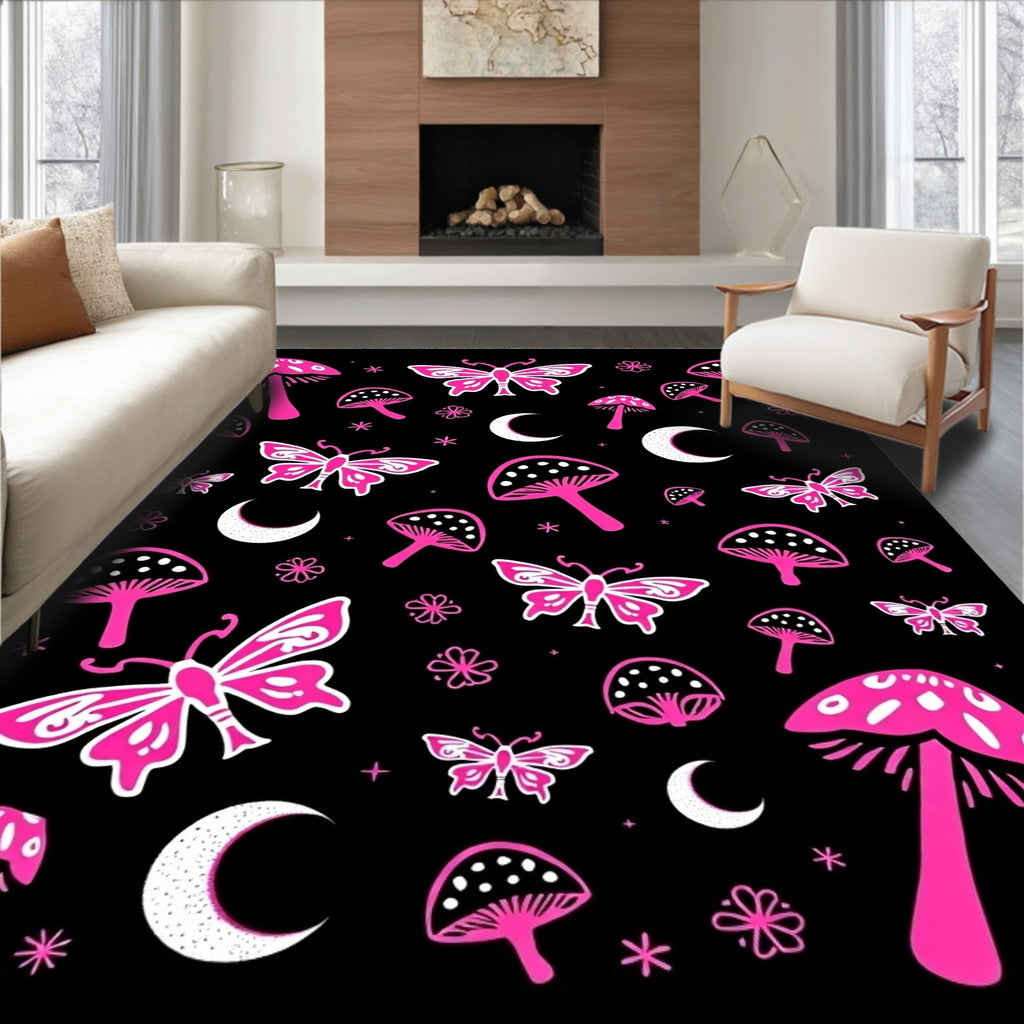 Whimsical Butterfly Mushroom Moon Pattern Rug