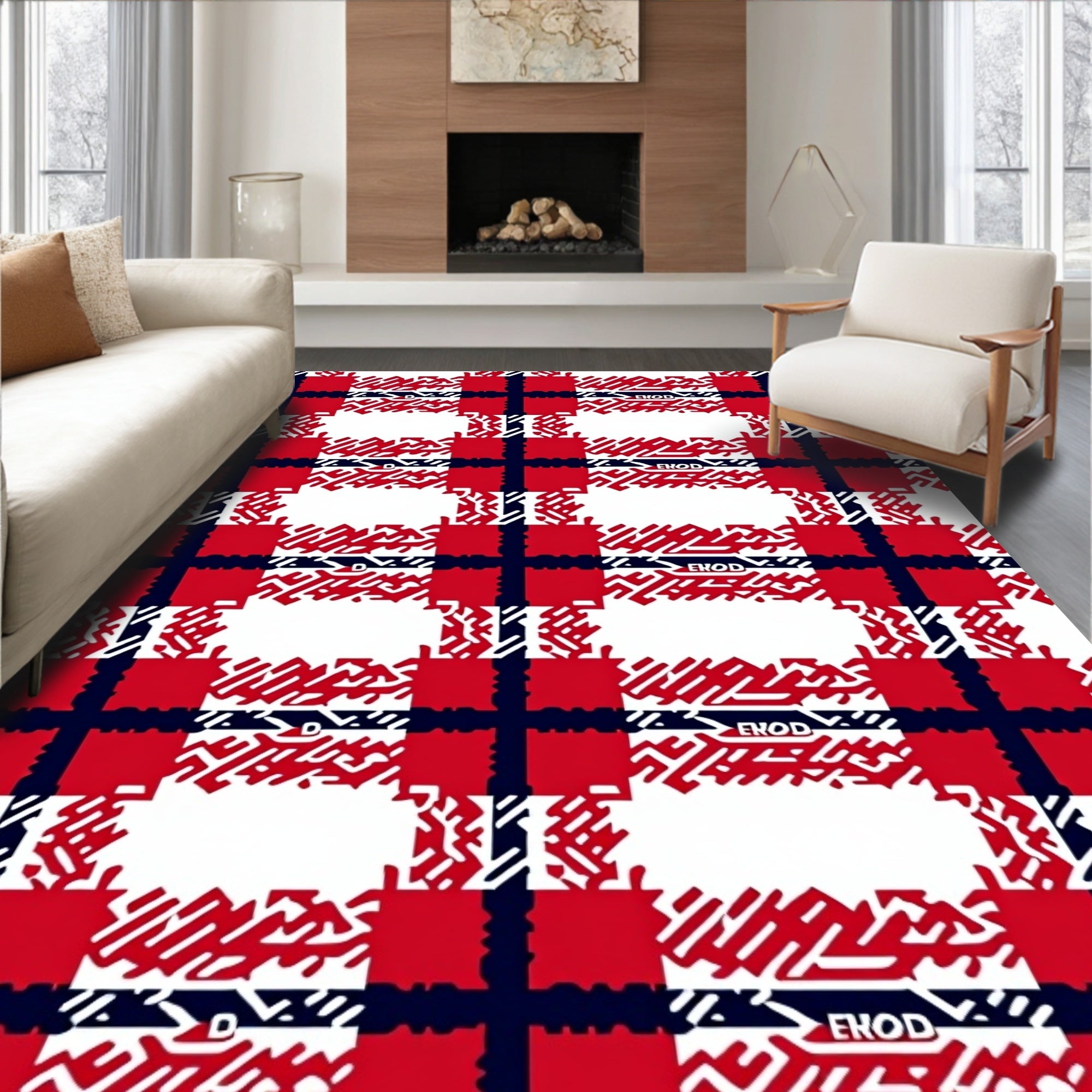 Red Navy White Plaid Pattern Design Rug