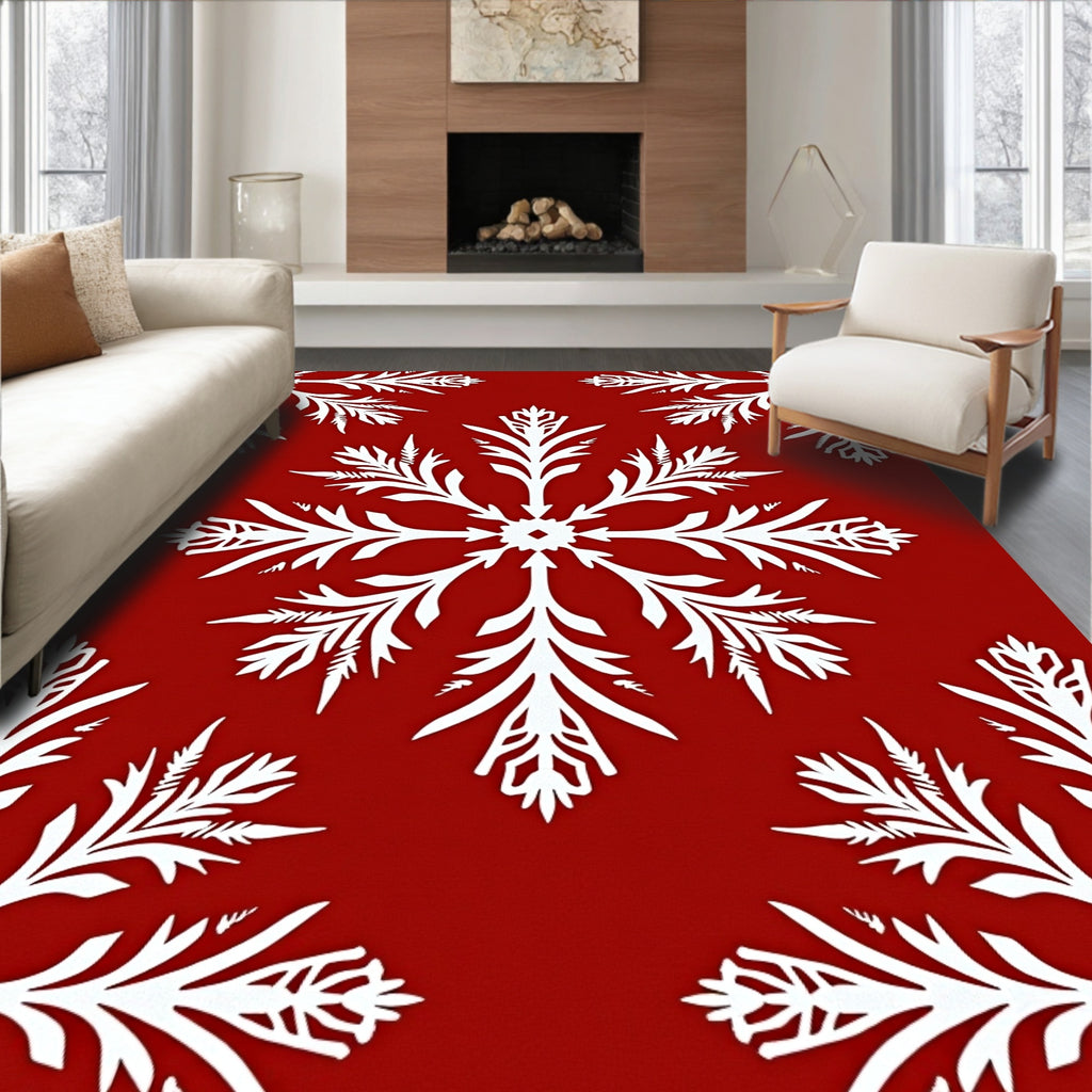 White Snowflakes on Red Pattern Rug