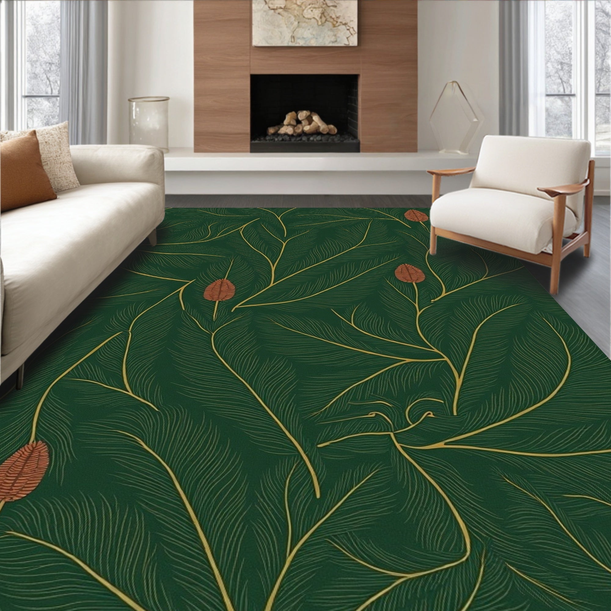 Deep Green Floral Branch Pattern Rug