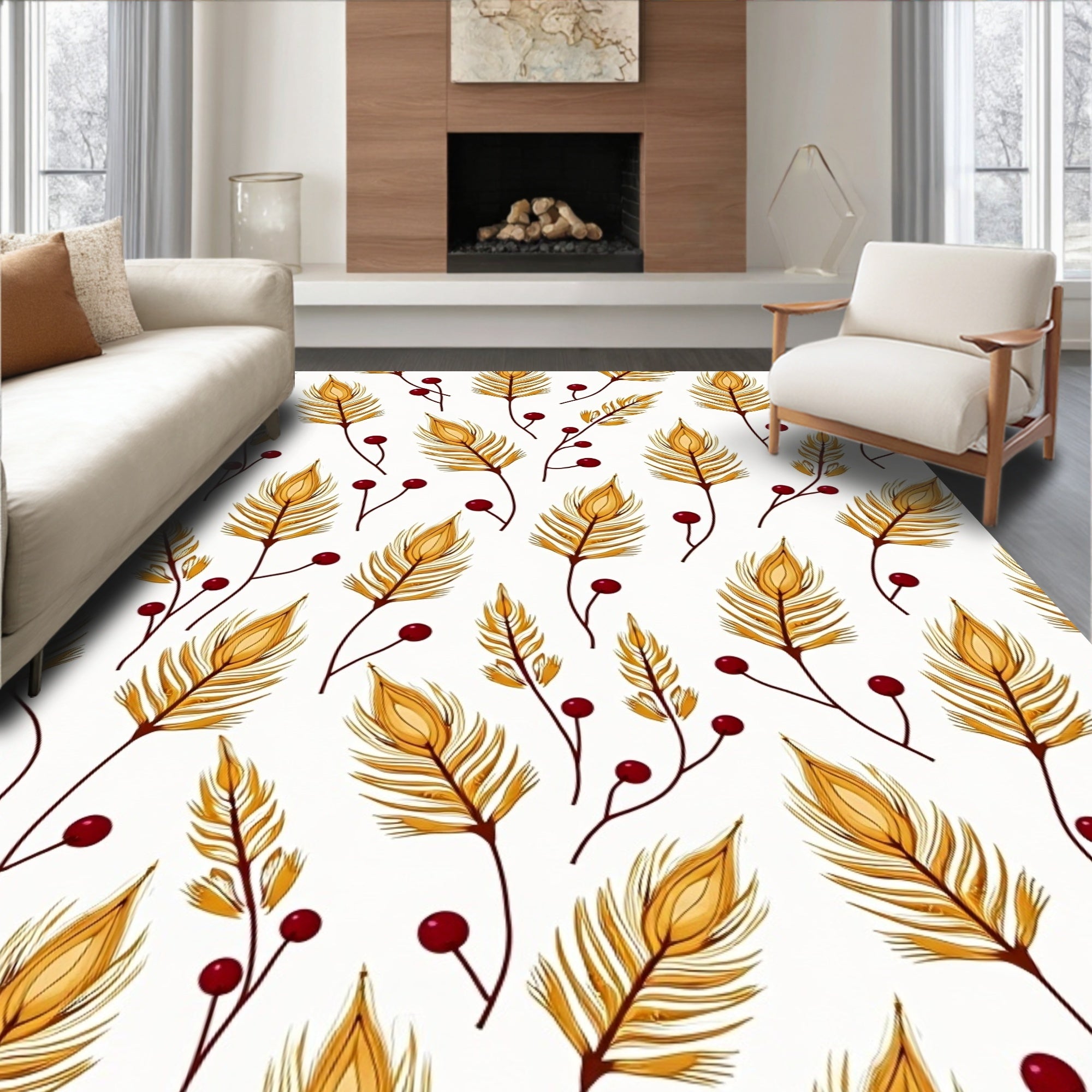Golden Feather and Berry Pattern Rug