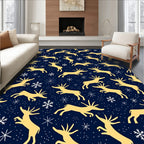 Golden Deer and Snowflakes Navy Background Rug
