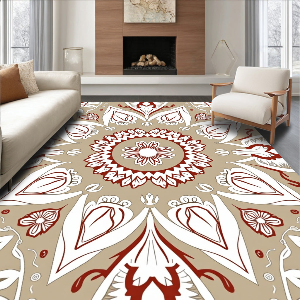 Red White Symmetrical Floral Medallion Rug