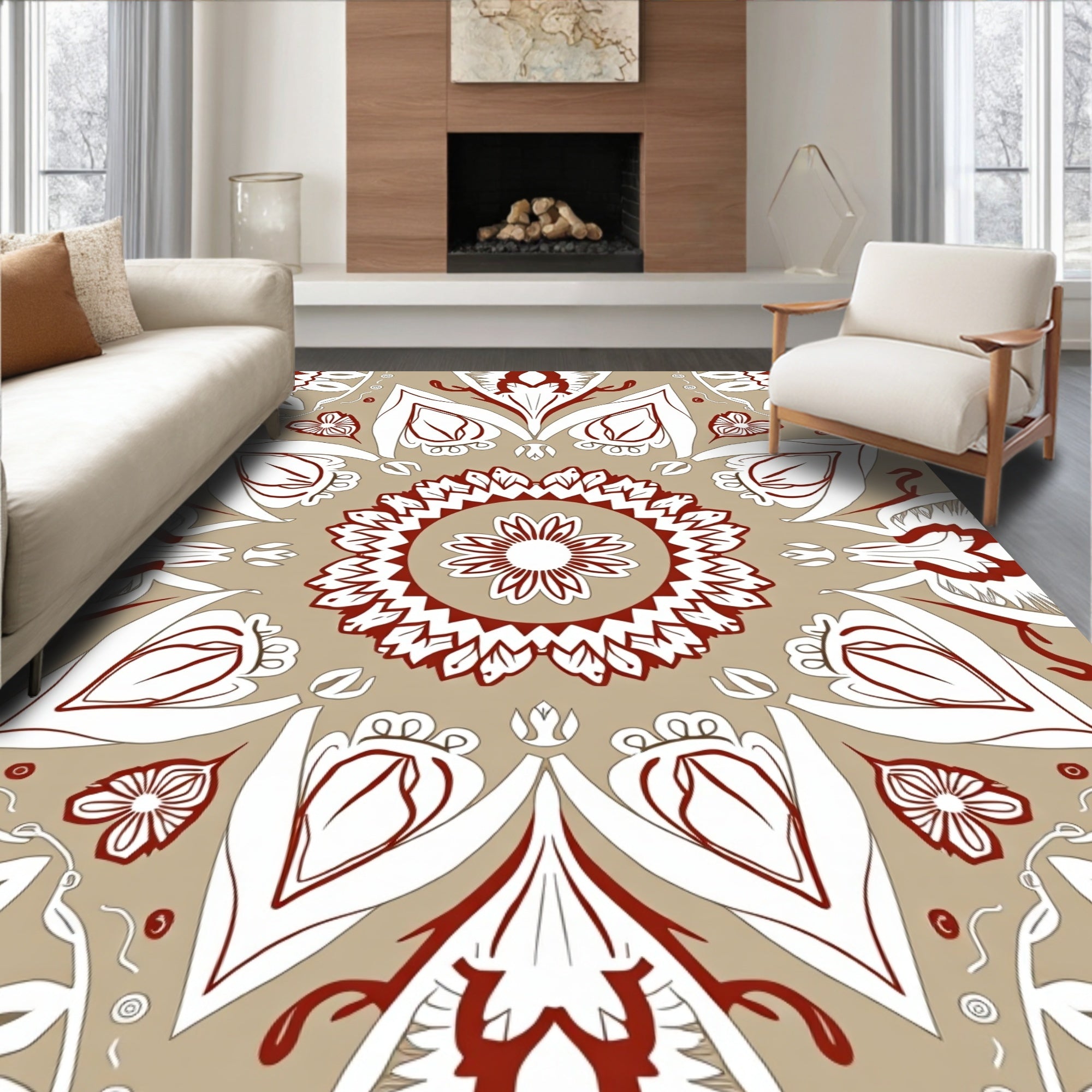 Red White Symmetrical Floral Medallion Rug