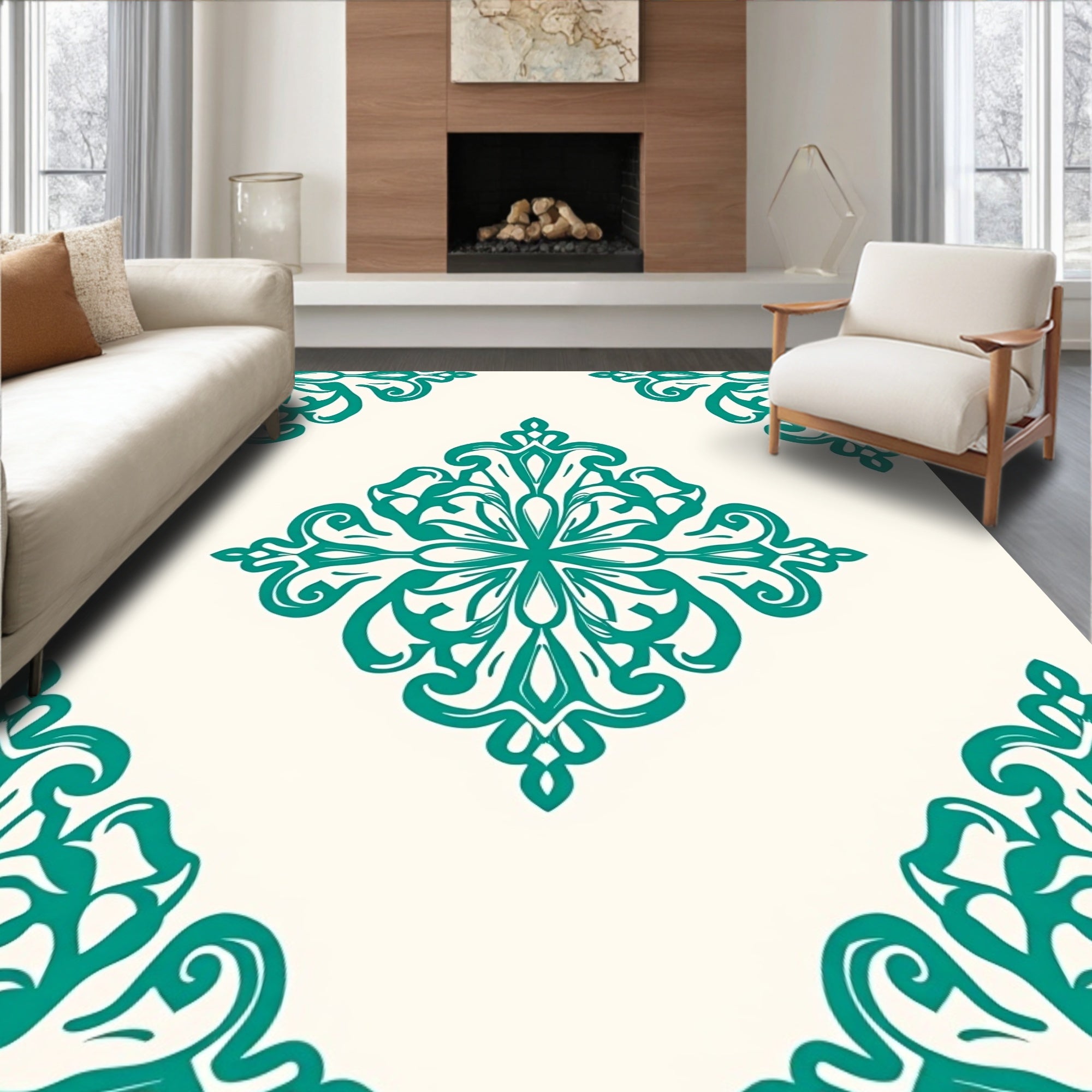 Classic Teal Floral Medallion Pattern Rug