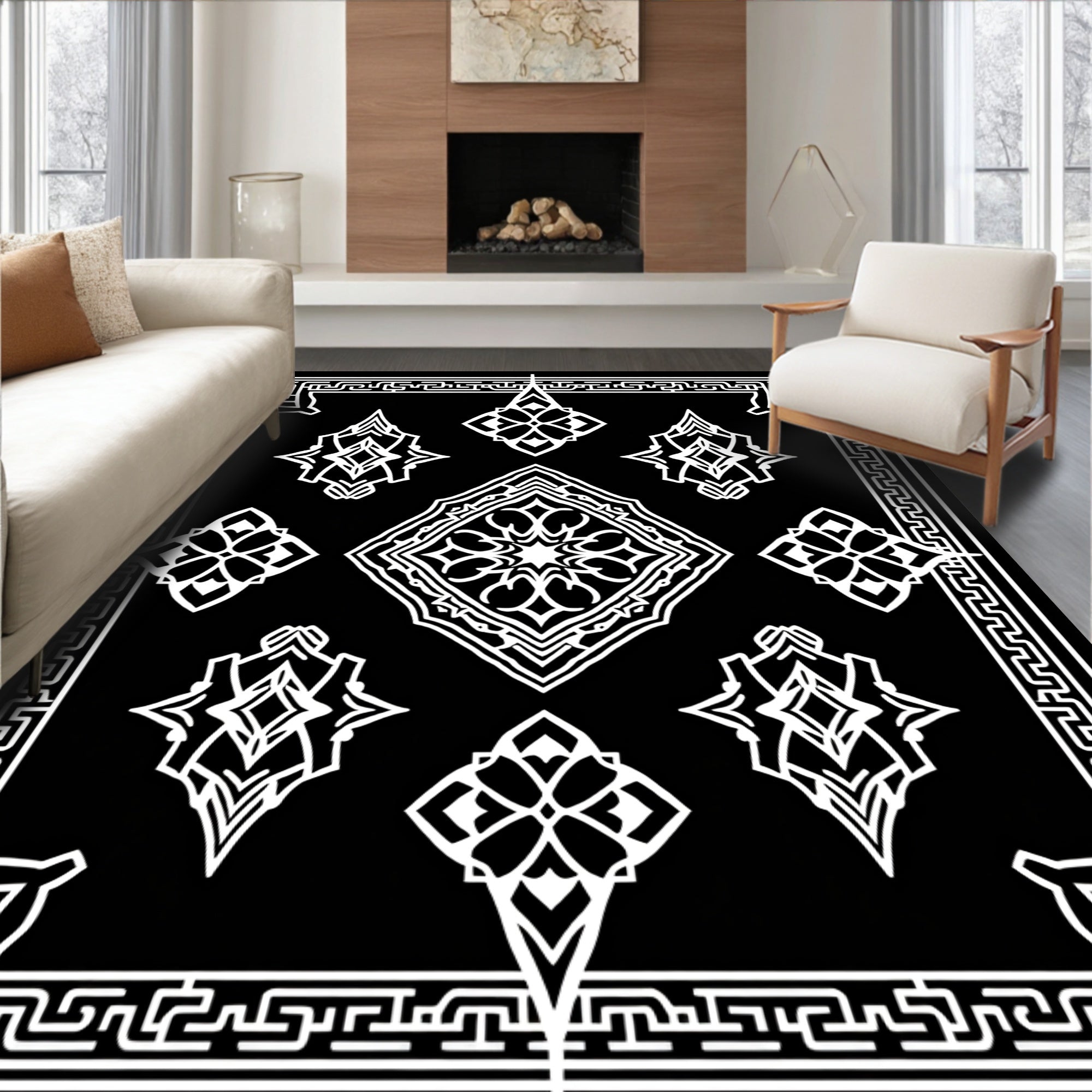 Ornate White Diamond Pattern Rug