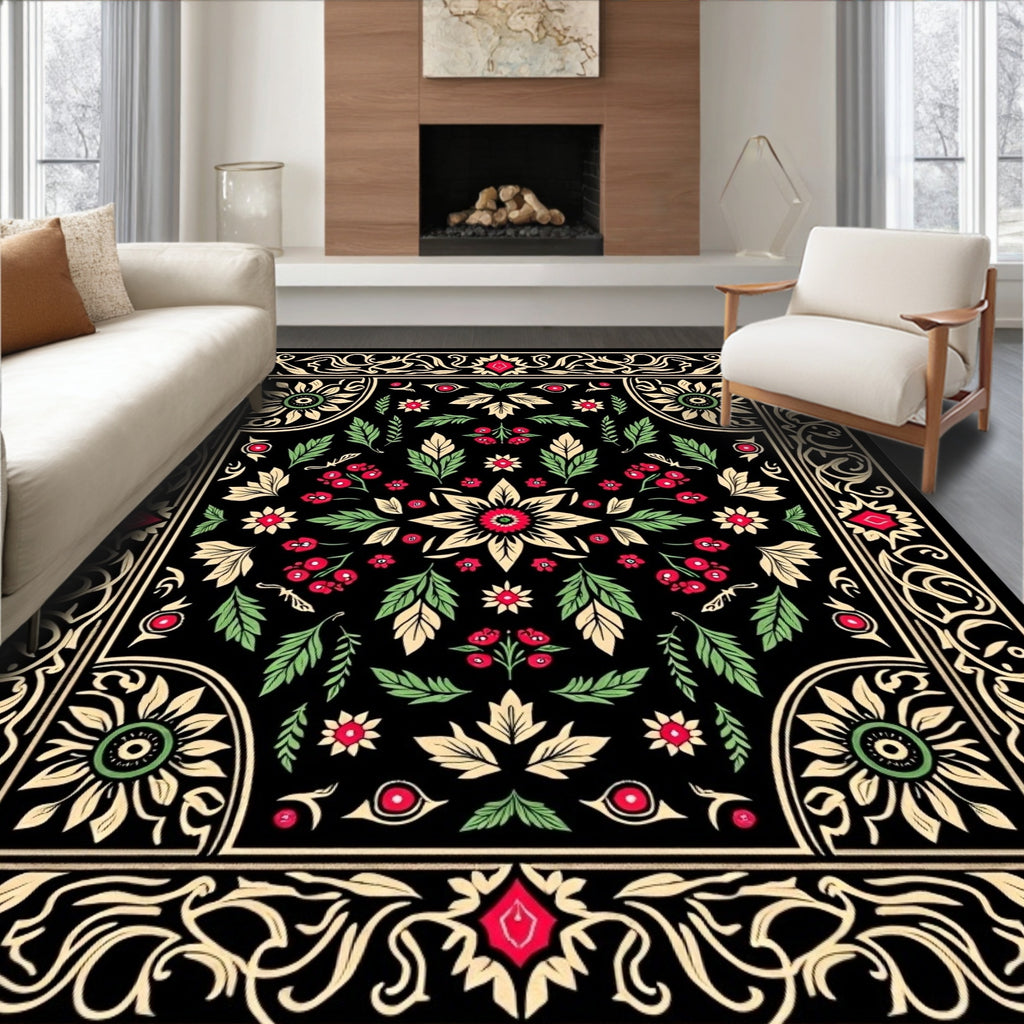 Black Folk Art Floral Medallion Rug