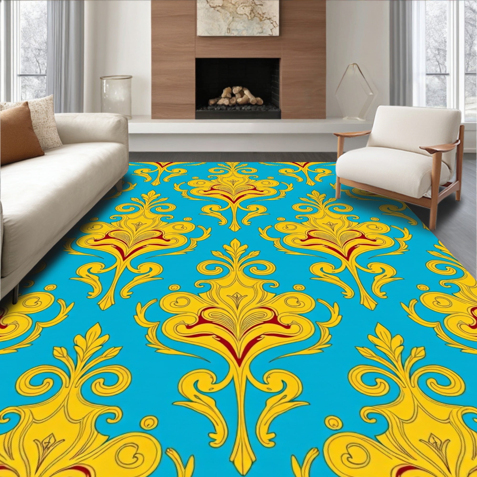 Yellow Red Floral Damask Pattern Rug