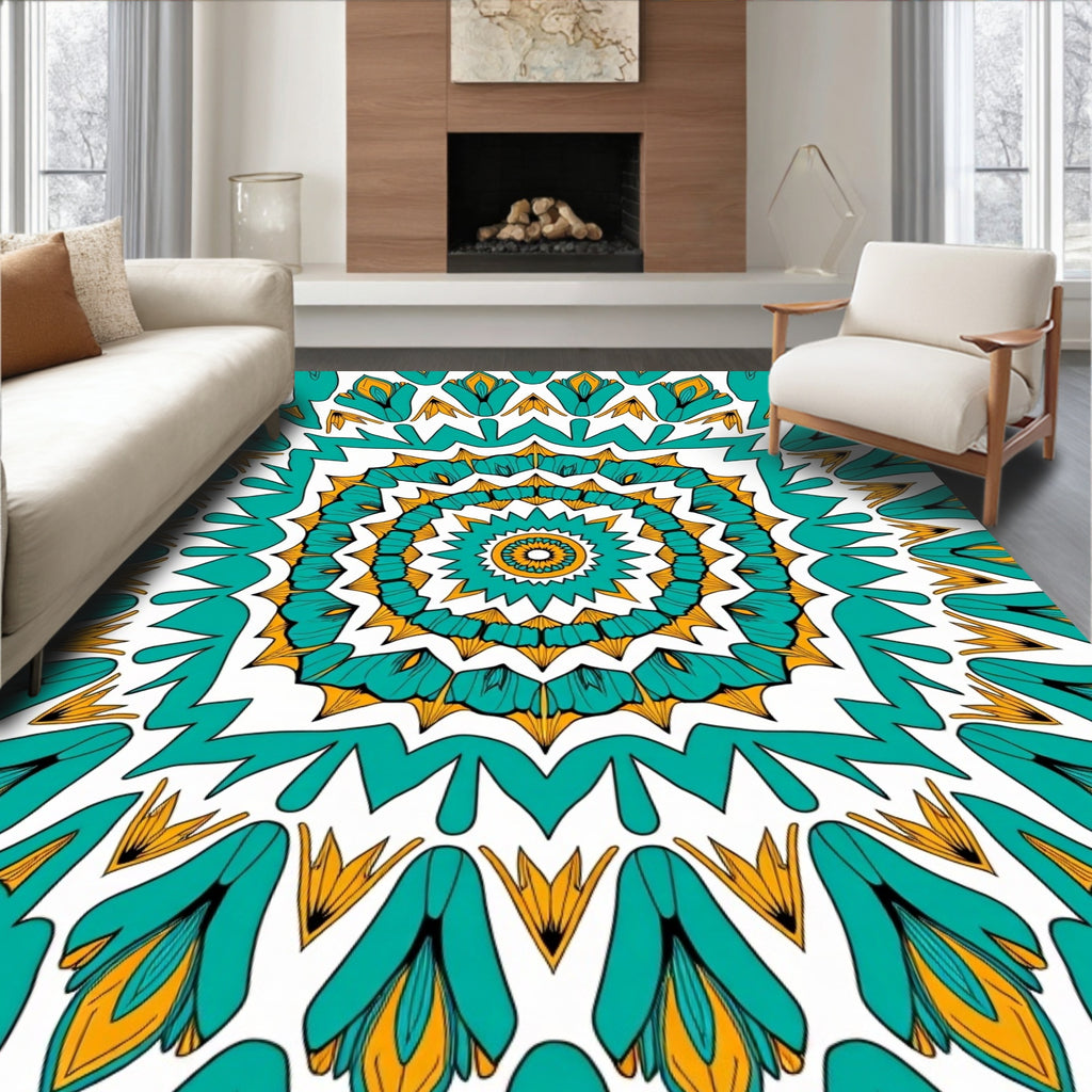 Teal Yellow Floral Mandala Pattern Rug