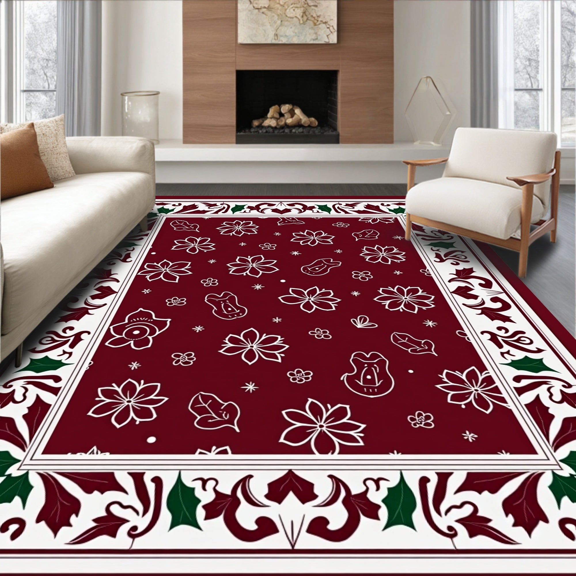 Whimsical Floral Patterned Border Design Rug