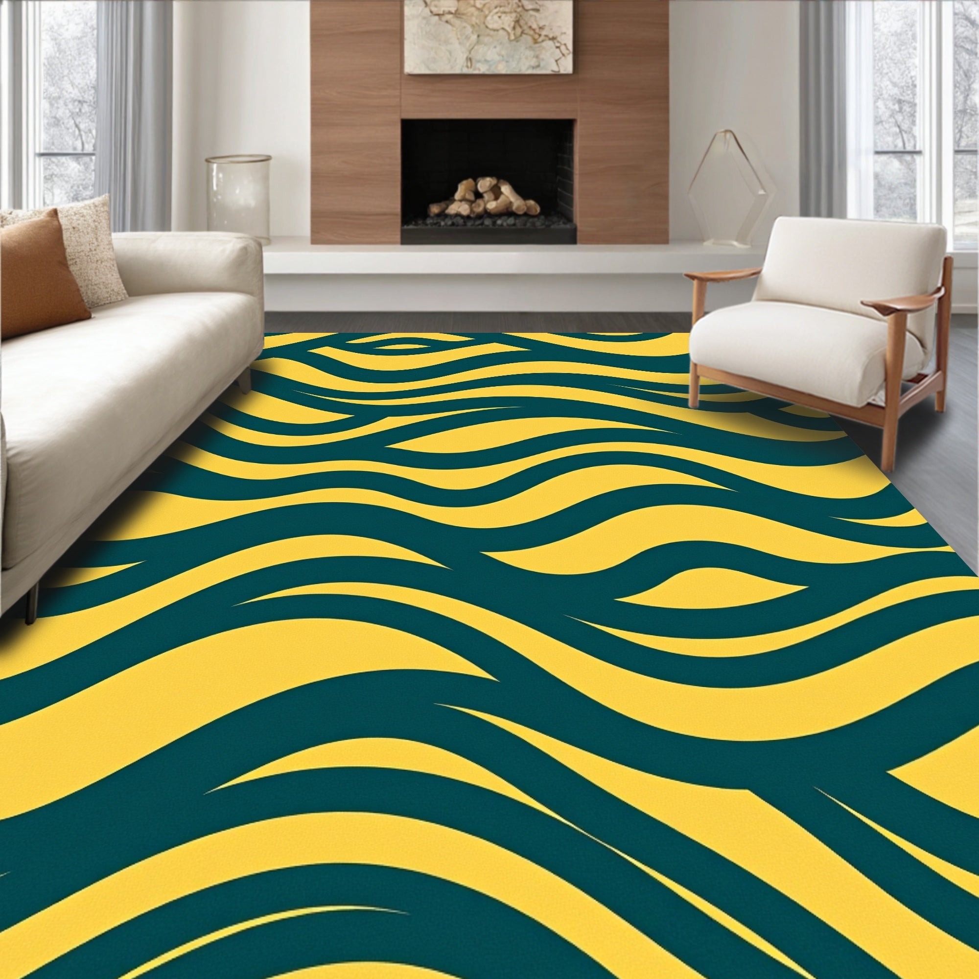 Bold Yellow Teal Wavy Stripes Rug