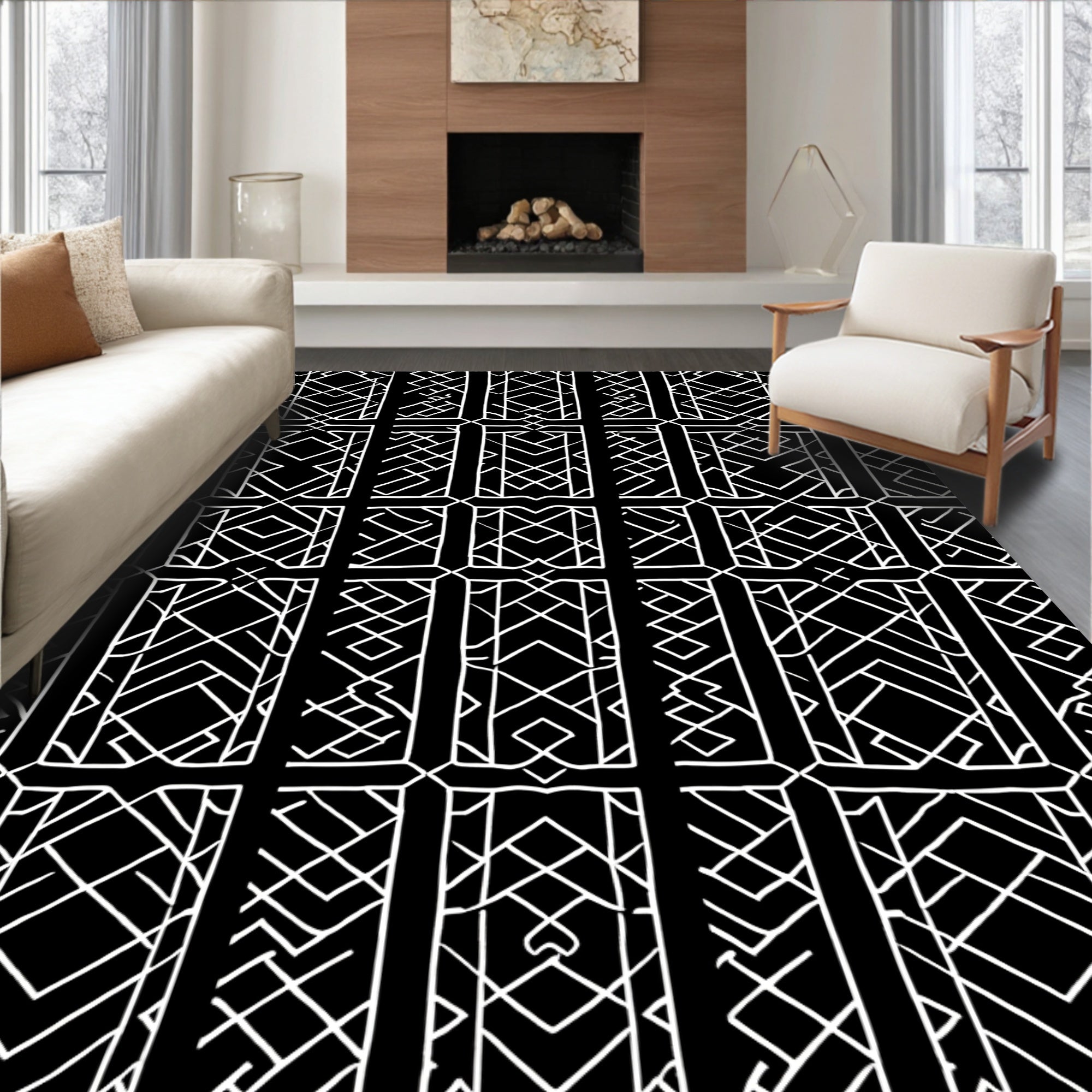 Bold Black White Linear Block Pattern Rug
