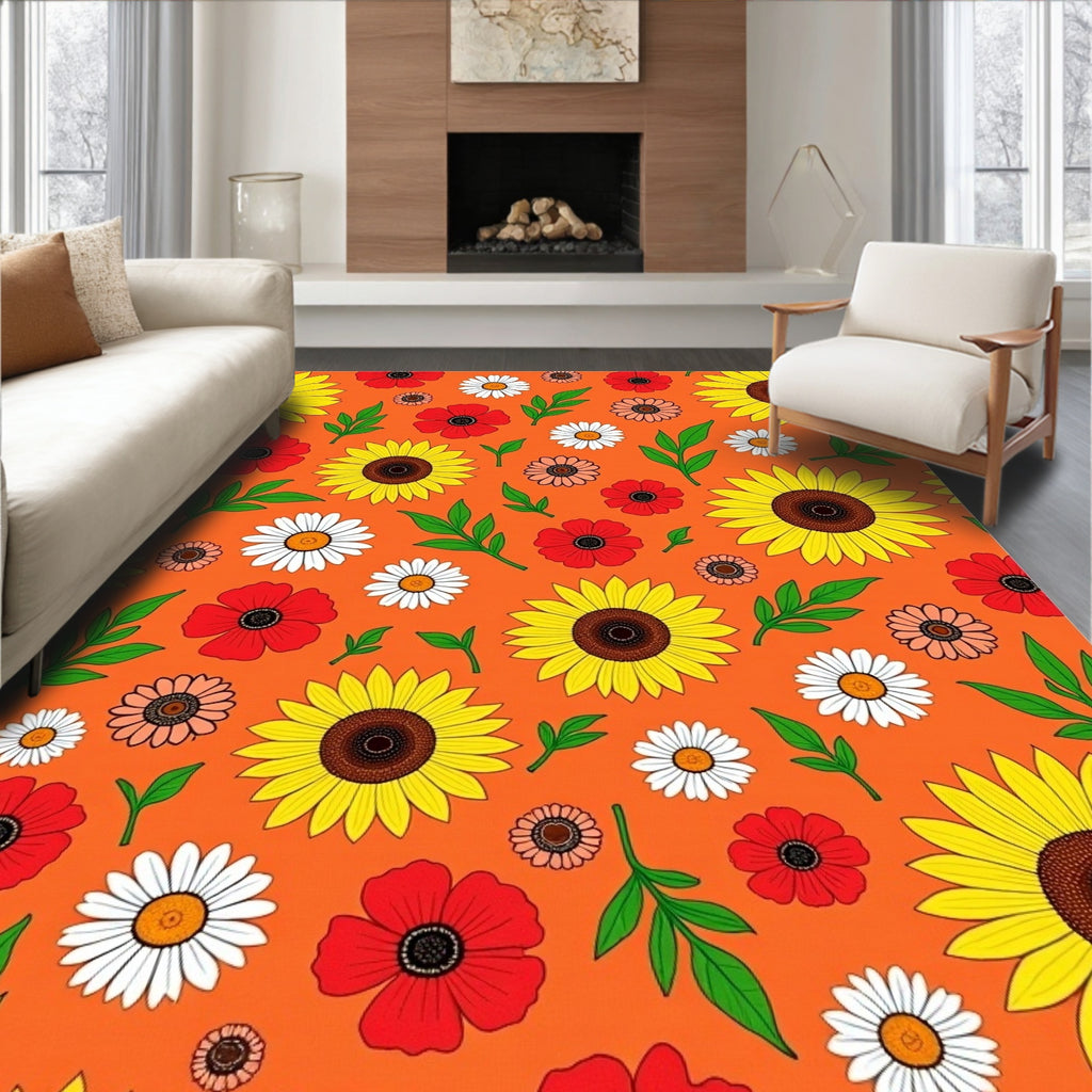 Vibrant Sunflower Daisy Red Floral Pattern Rug