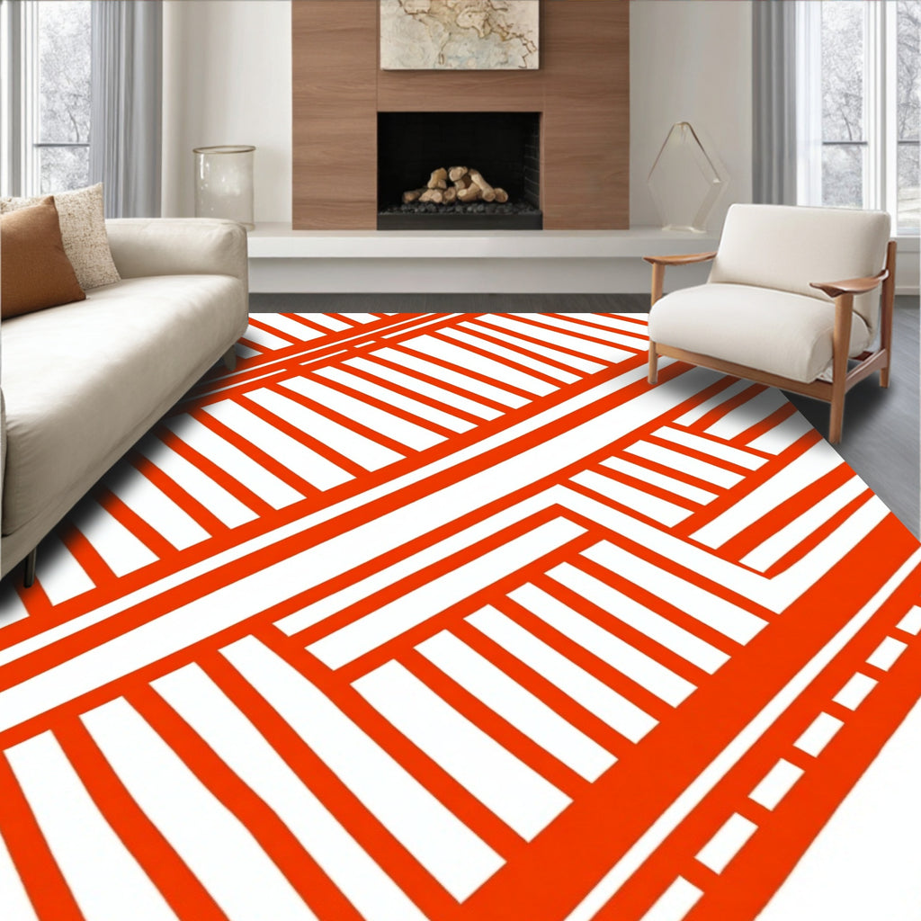 Orange White Intersecting Lines Pattern Rug